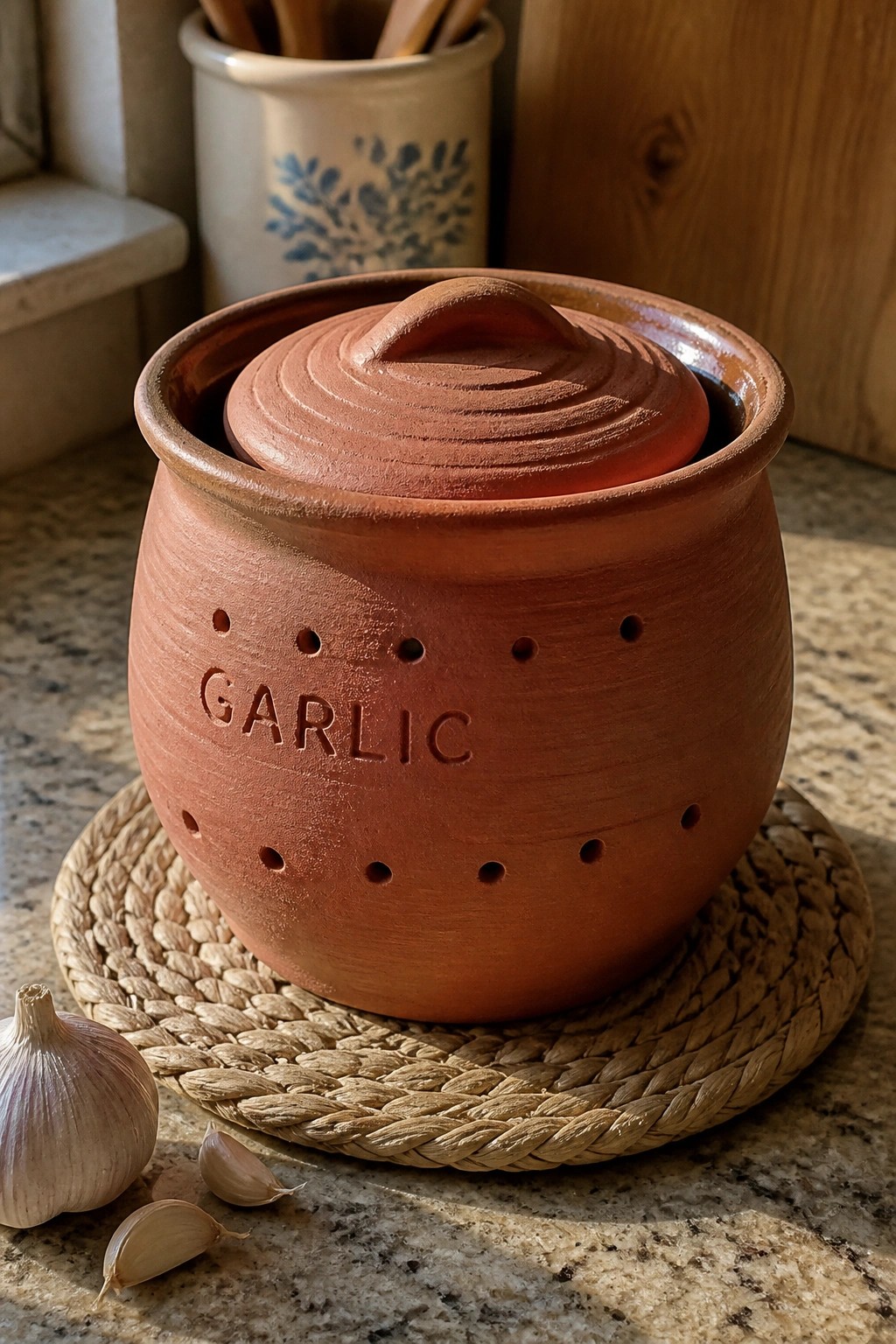 Terracotta garlic jar with lid on woven mat beside fresh garlic cloves.