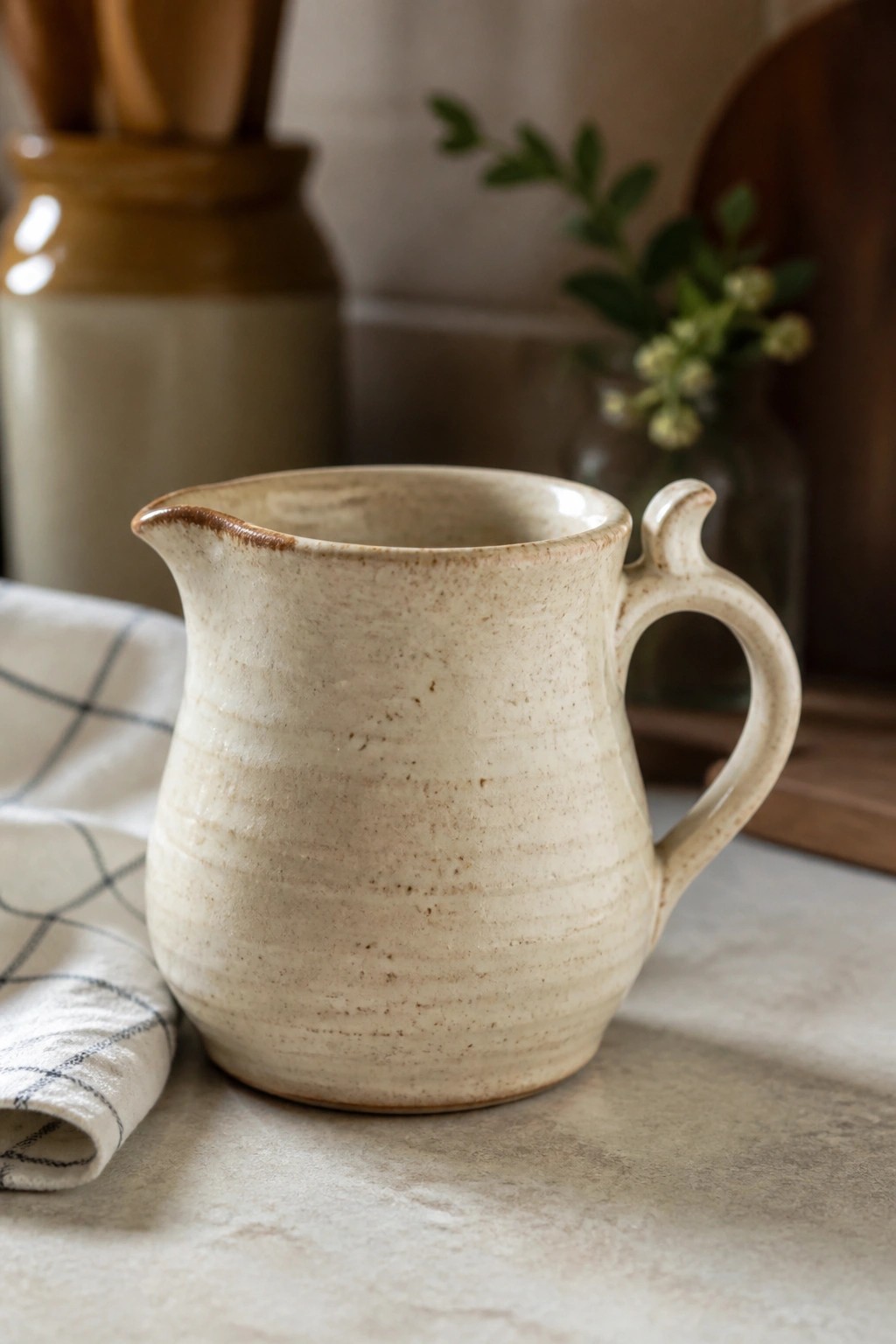 Rustic beige ceramic pitcher with handle beside checkered cloth on countertop