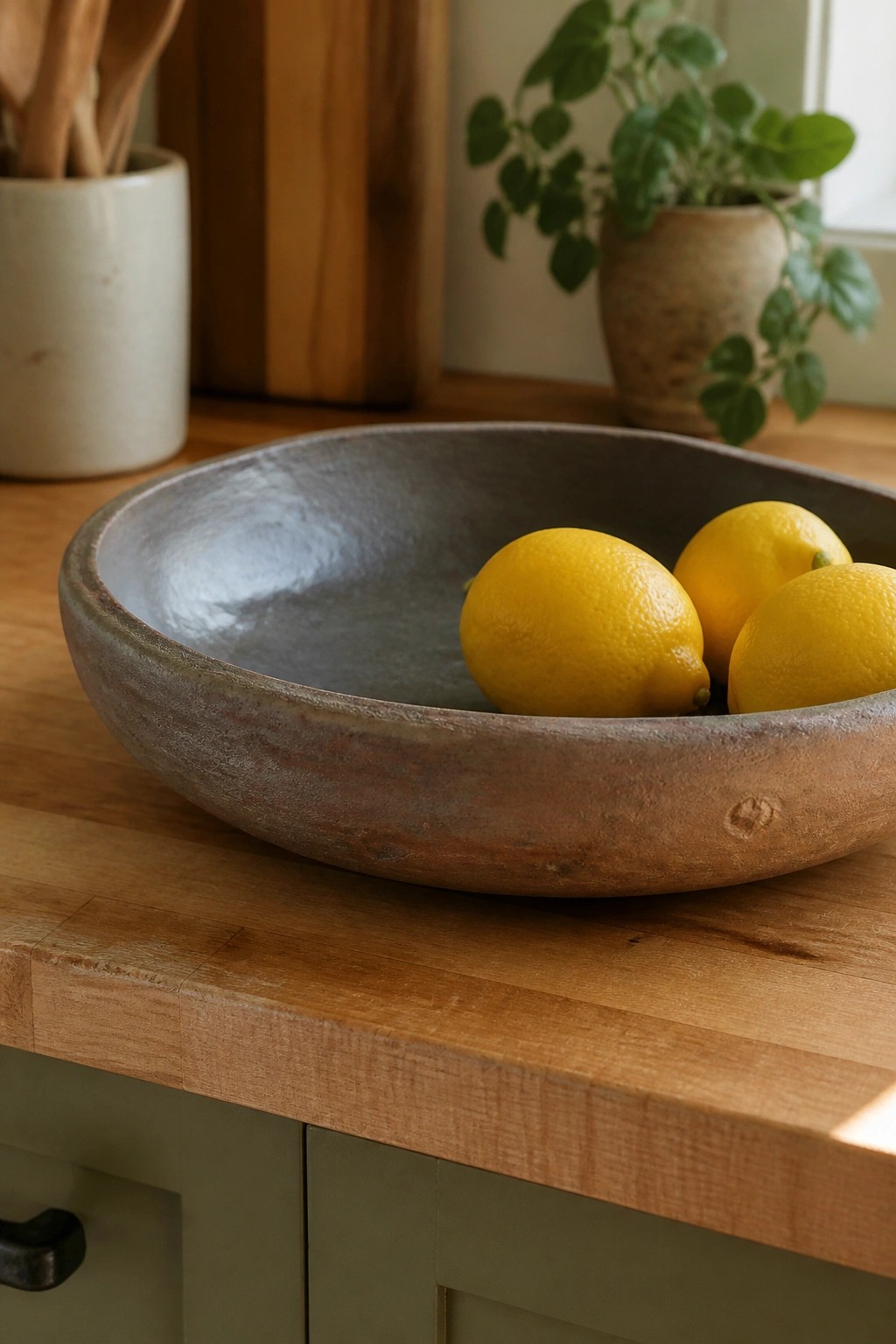 Rustic wooden bowl with three yellow lemons on a kitchen counter