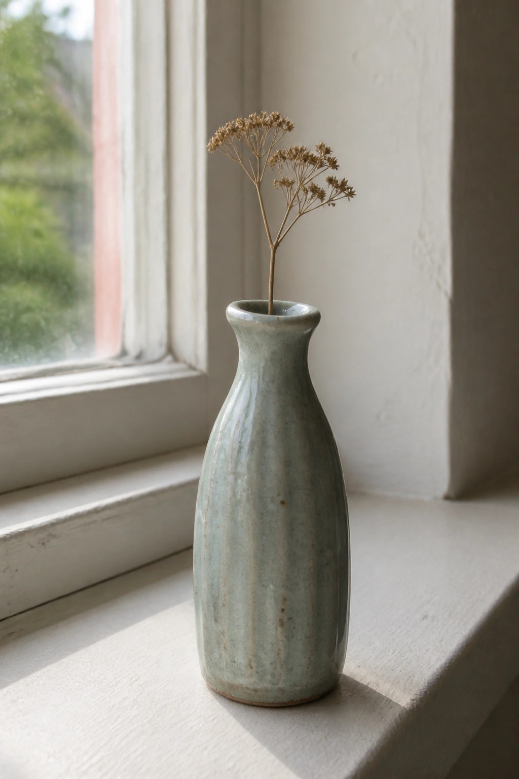 Light green ceramic vase with dried flowers on white windowsill