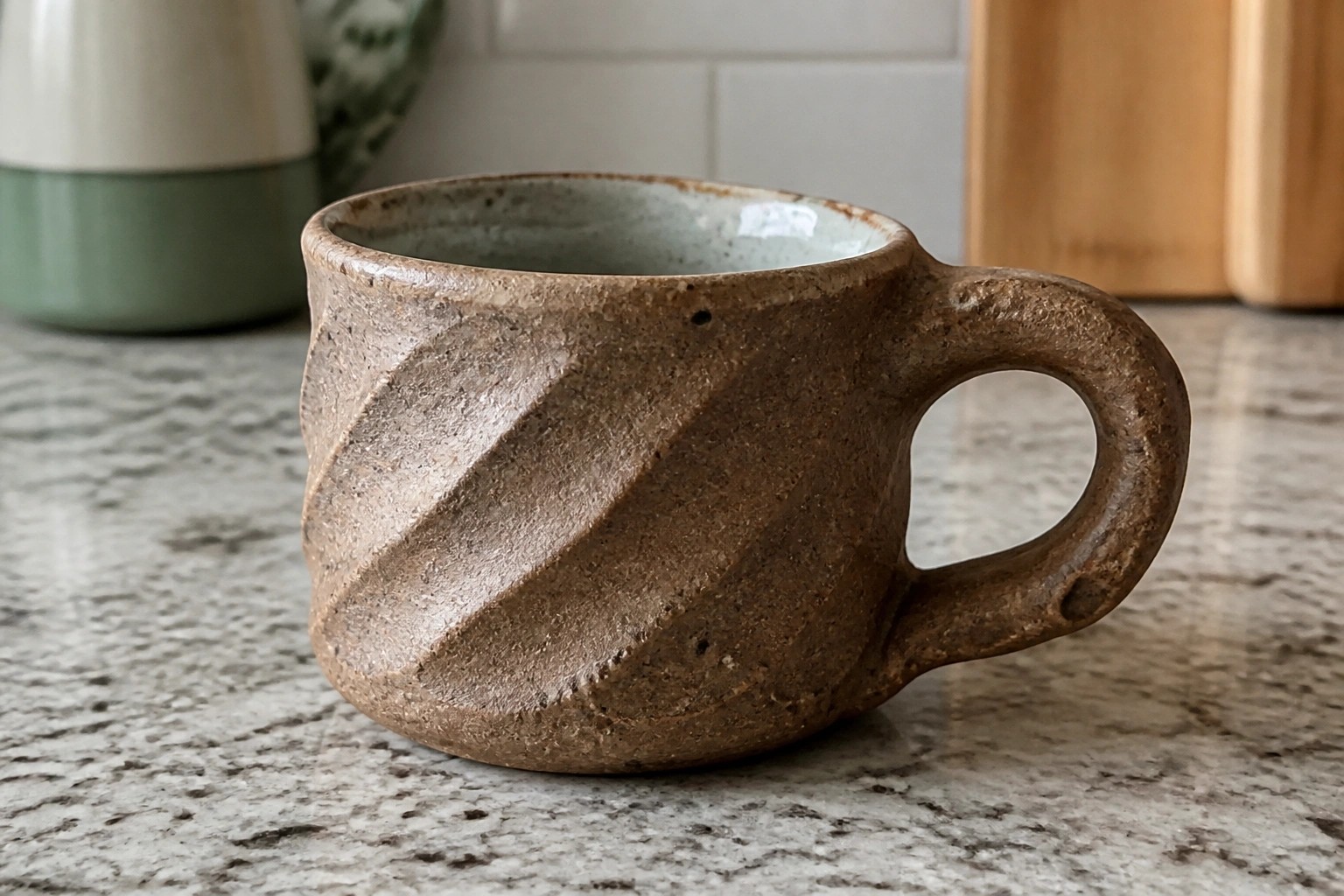 Rustic brown textured ceramic mug with handle on speckled kitchen countertop