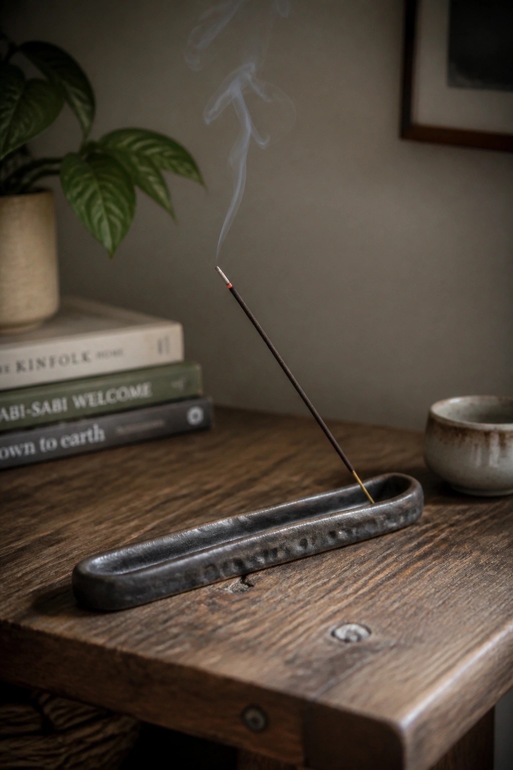 Burning incense stick in dark ceramic holder on wooden table with rising smoke