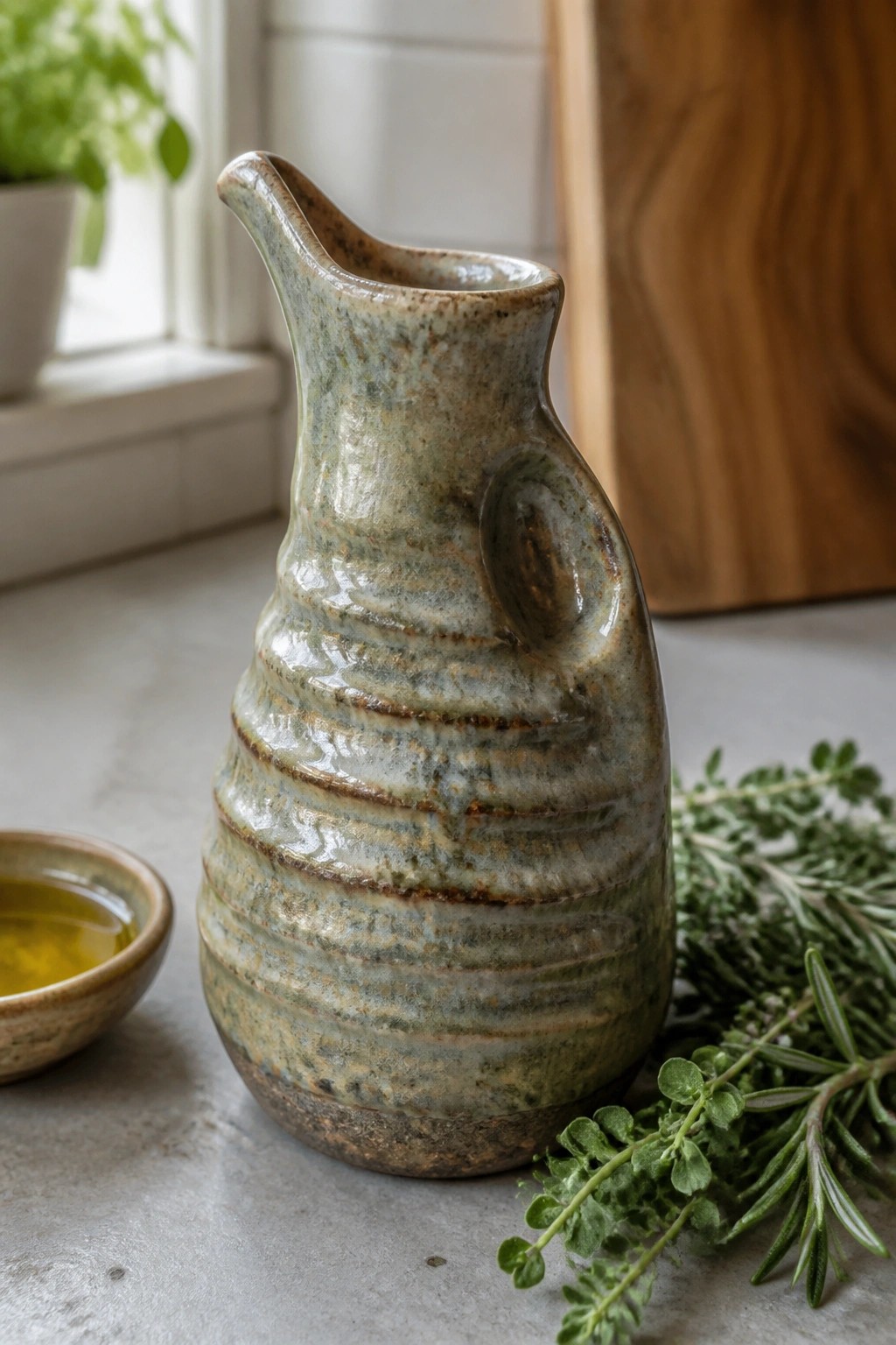 Green ceramic pitcher beside fresh herbs and bowl of oil on counter