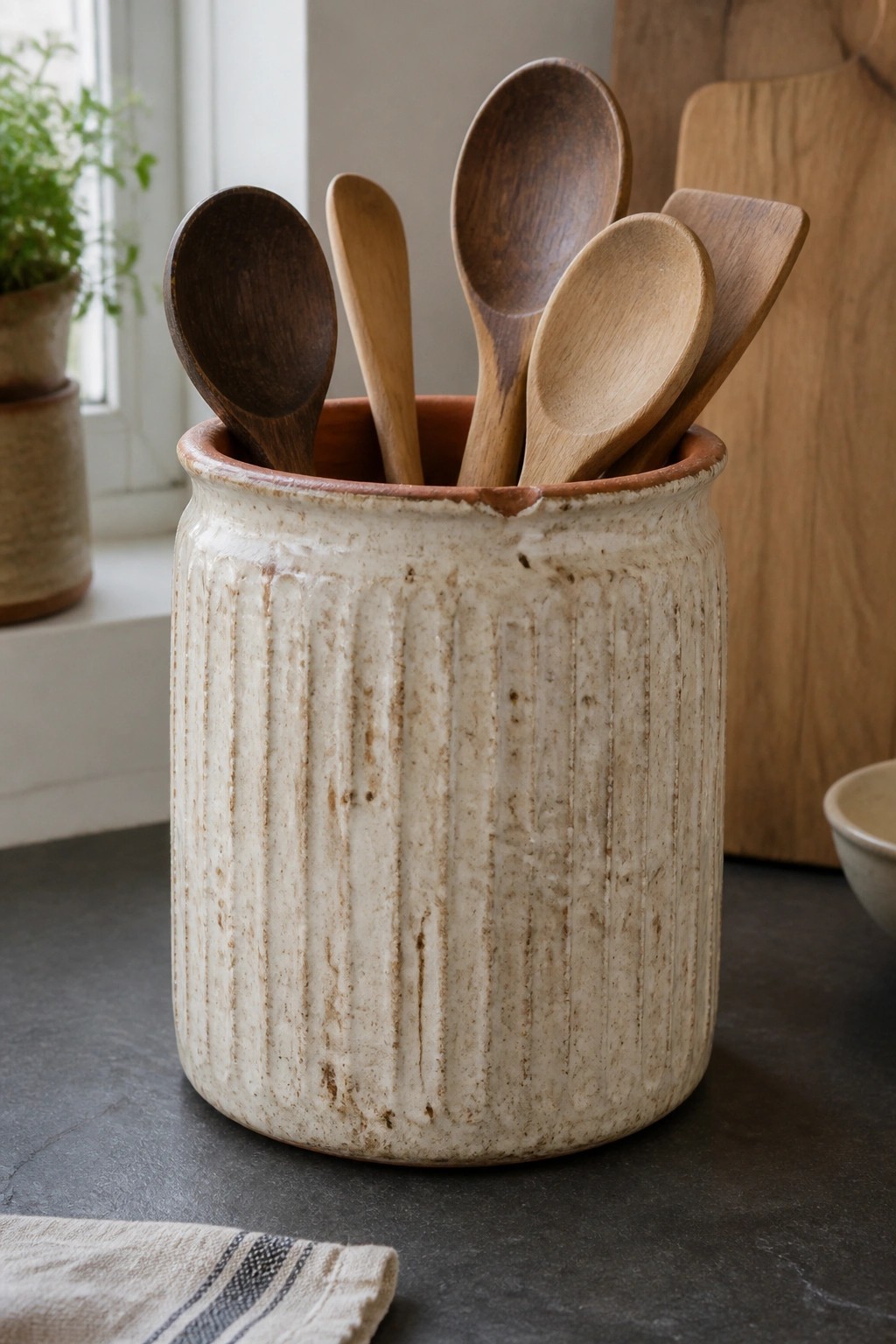 Rustic ceramic crock filled with wooden spoons on dark countertop
