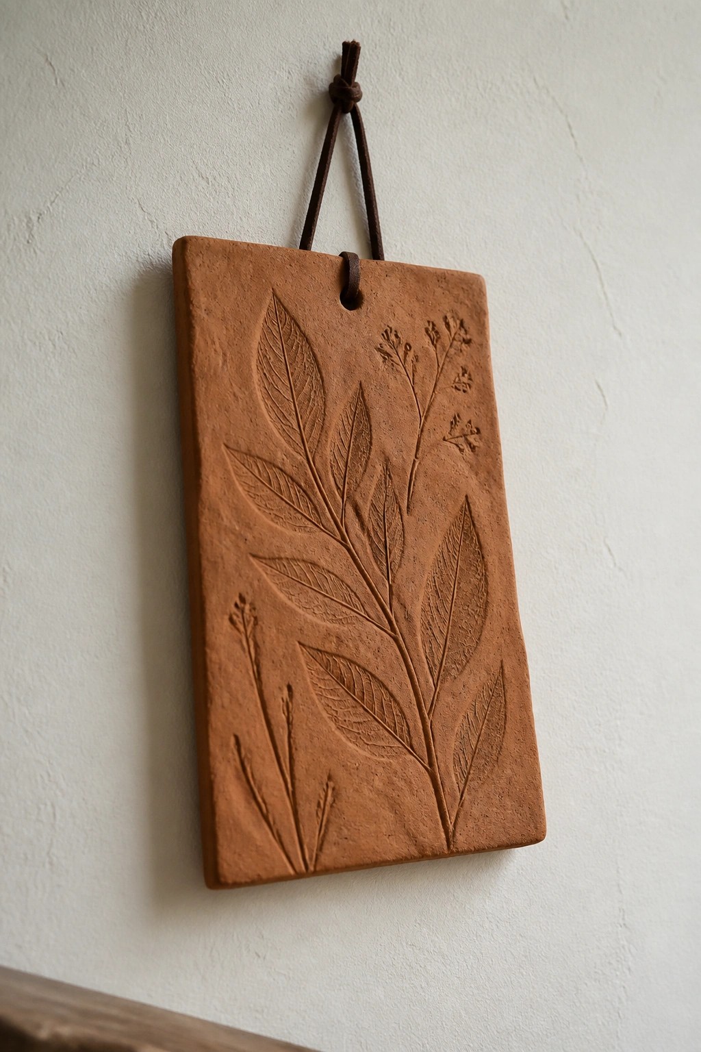 Terracotta rectangular plaque with embossed leaves hanging from knotted leather strap on white wall