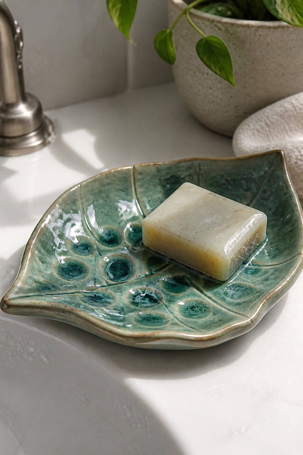 Wet soap bar on glossy green leaf-shaped ceramic dish on white counter.