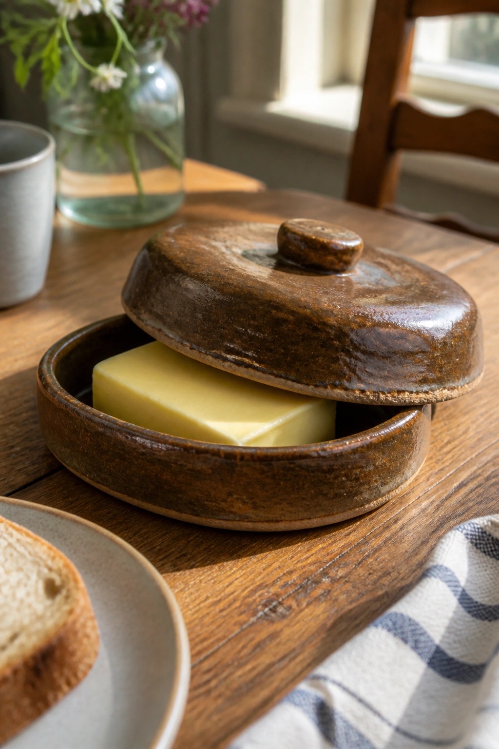 Brown ceramic butter dish open over yellow butter on wooden table with bread slice.