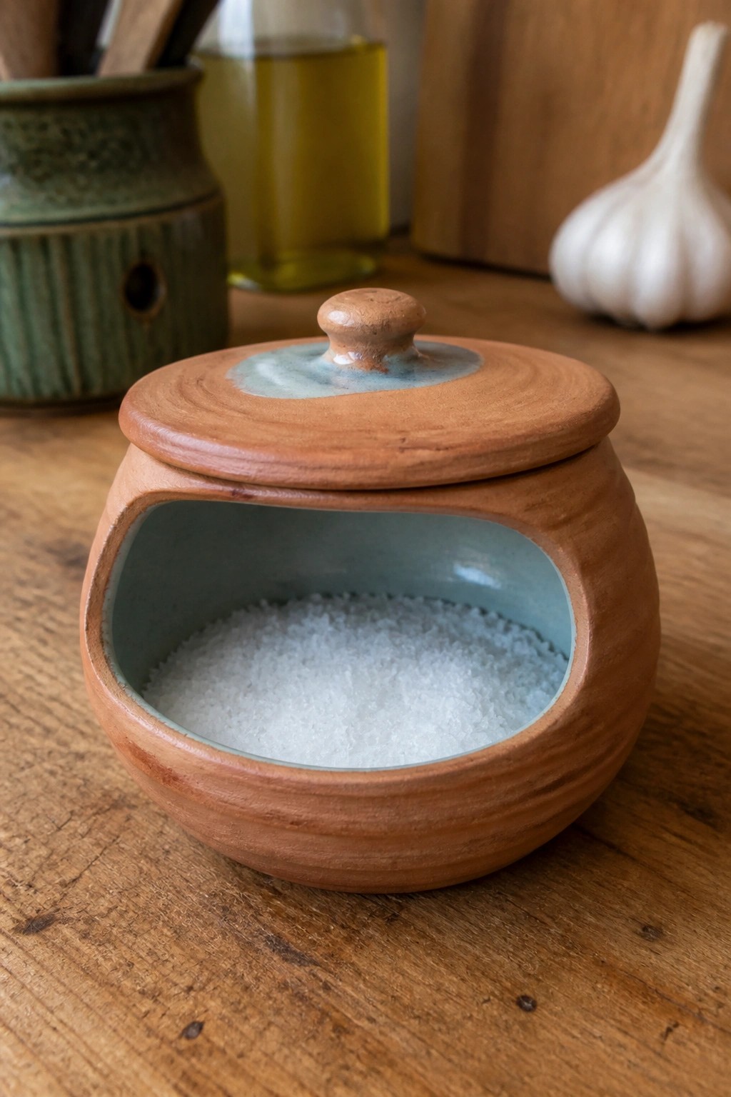 Terracotta salt cellar with blue interior and lid on wooden table