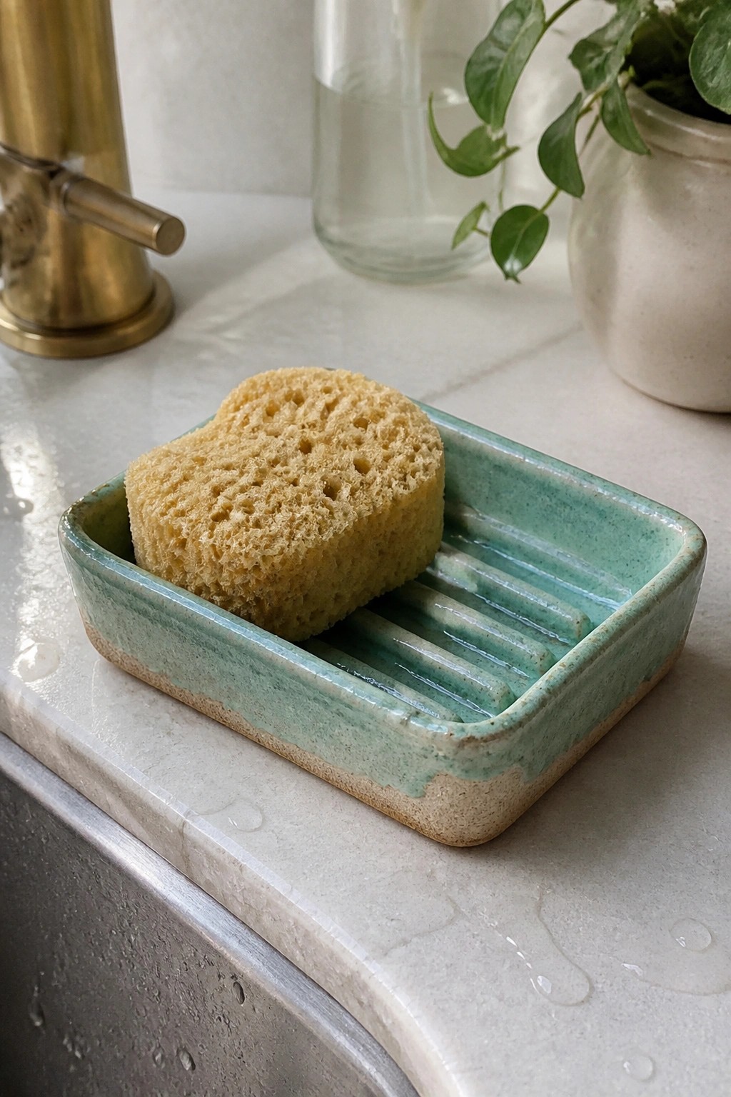 Yellow sponge in ribbed turquoise ceramic dish on wet marble countertop