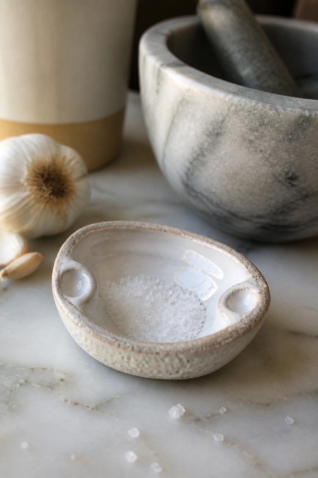 Small white ceramic salt bowl beside garlic on marble with mortar and pestle.
