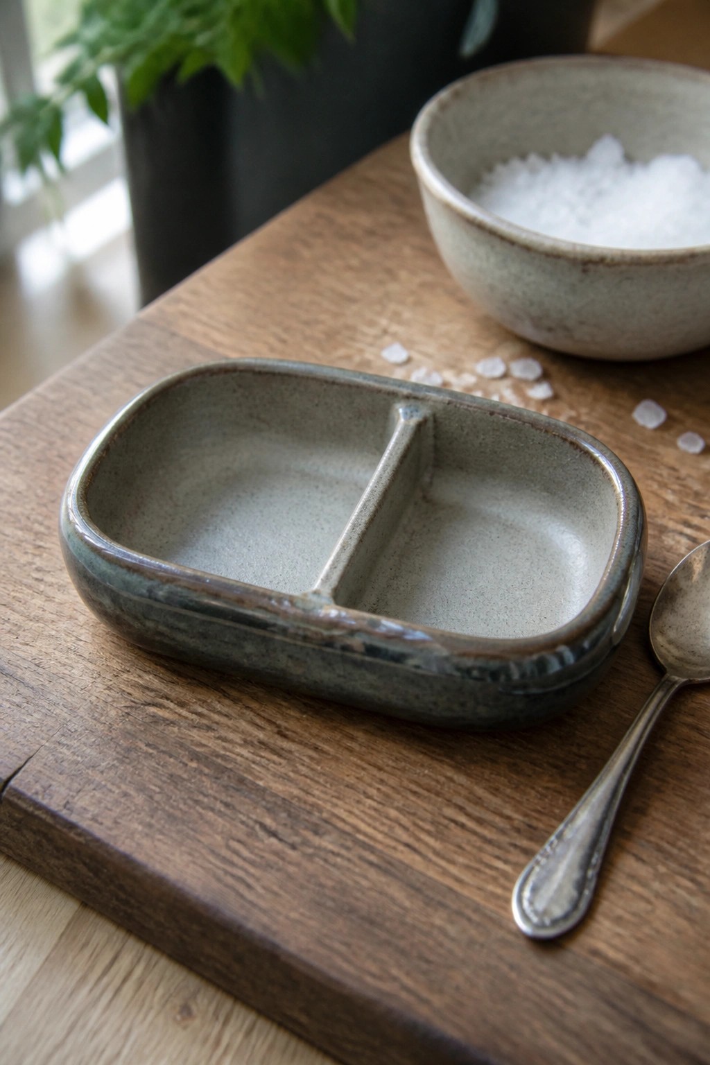 Divided ceramic dish on wooden table beside salt bowl and spoon.
