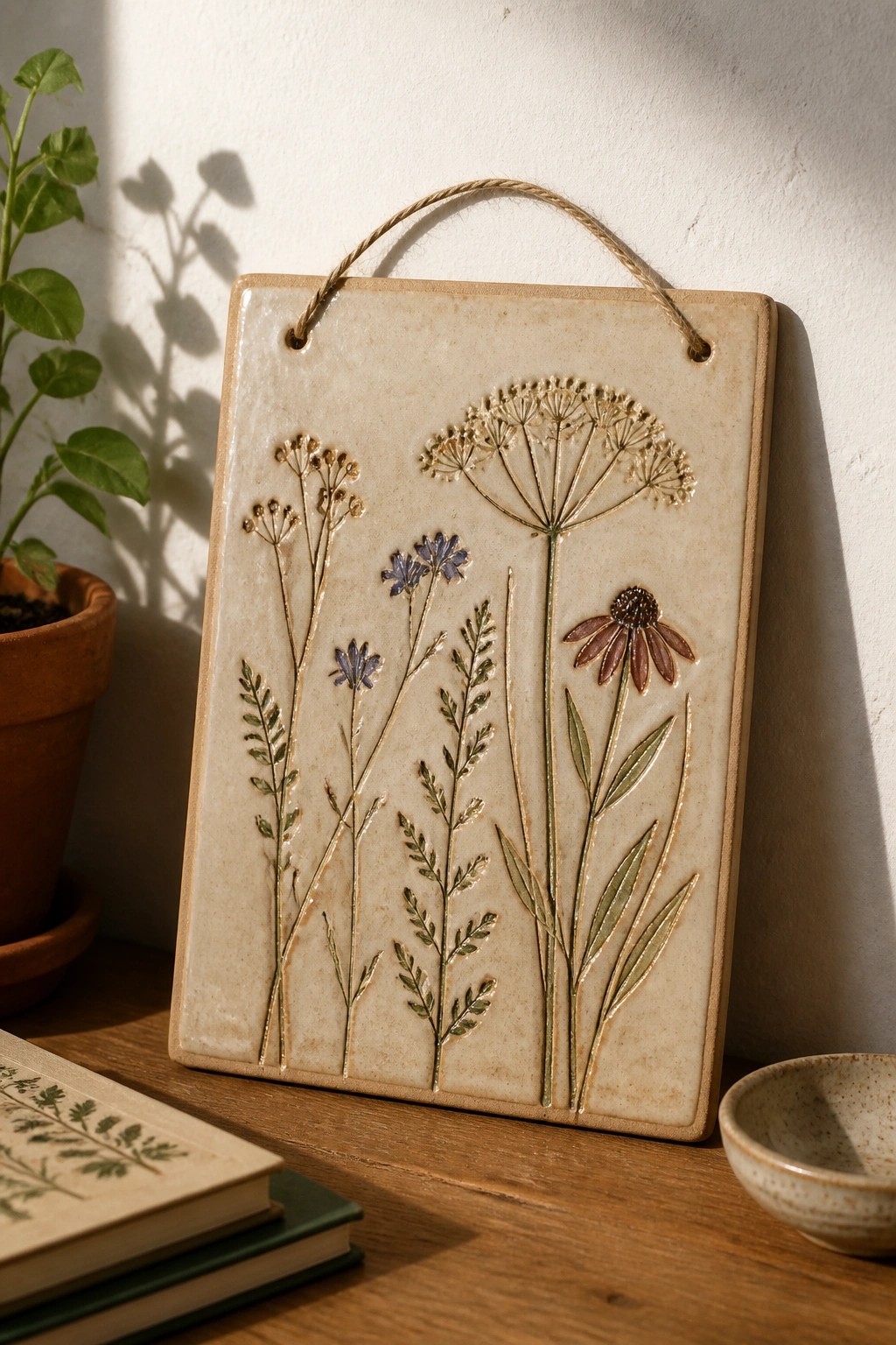 Beige ceramic tile with embossed wildflowers hanging above wooden table with books