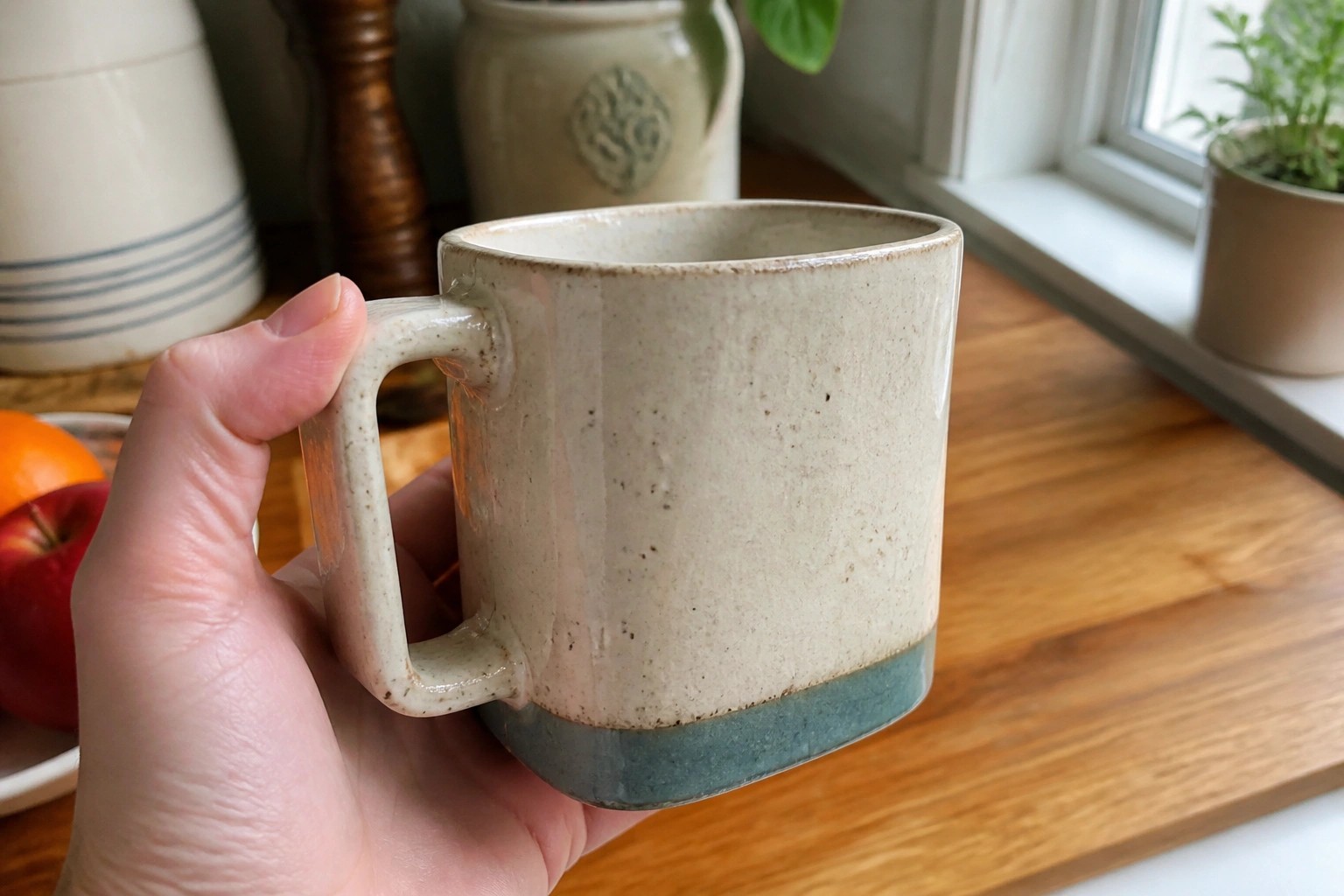 A hand holds a ceramic mug with a speckled off-white upper half and teal lower half above a wooden table.