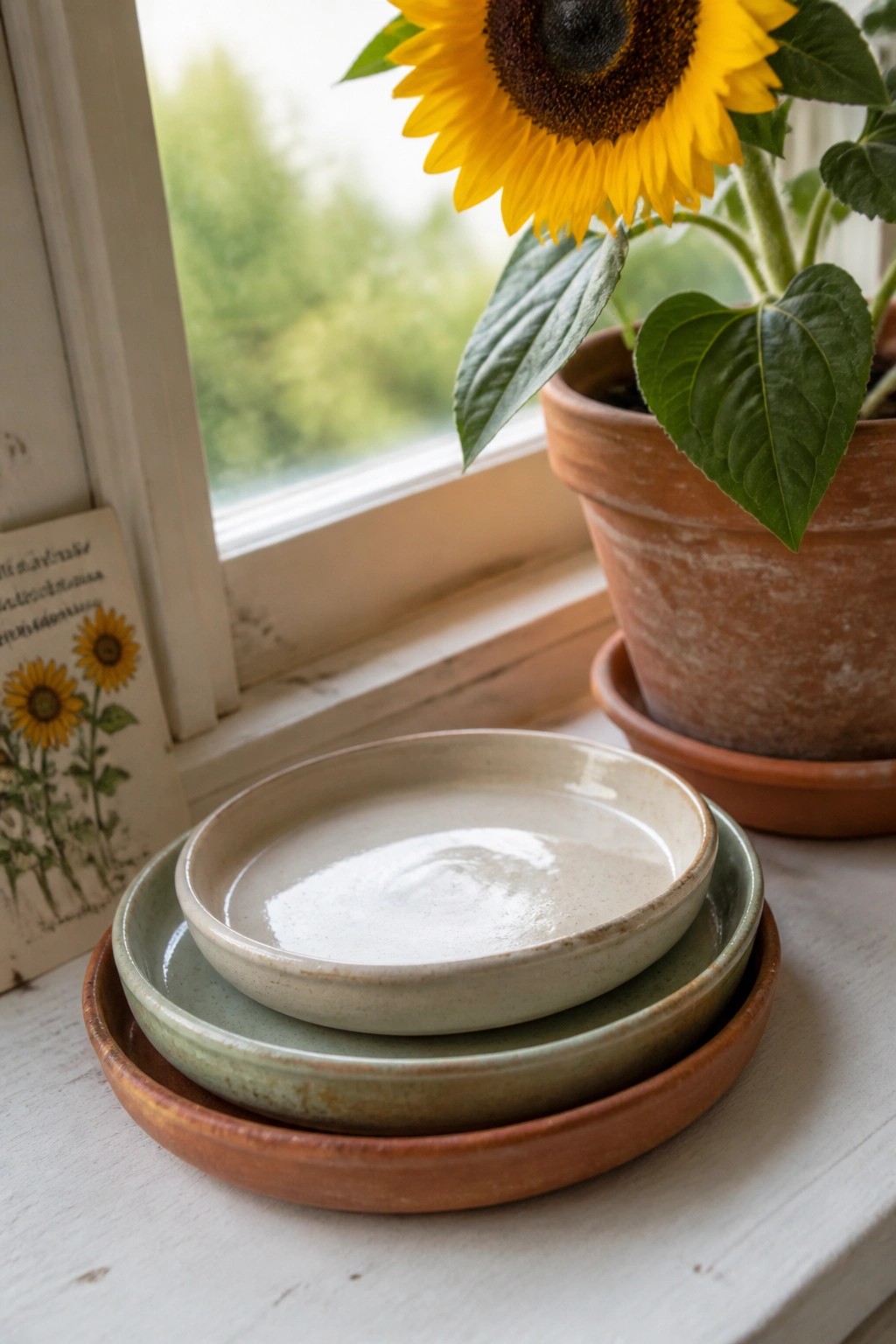 Sunflower in terracotta pot beside stacked ceramic bowls and book on windowsill