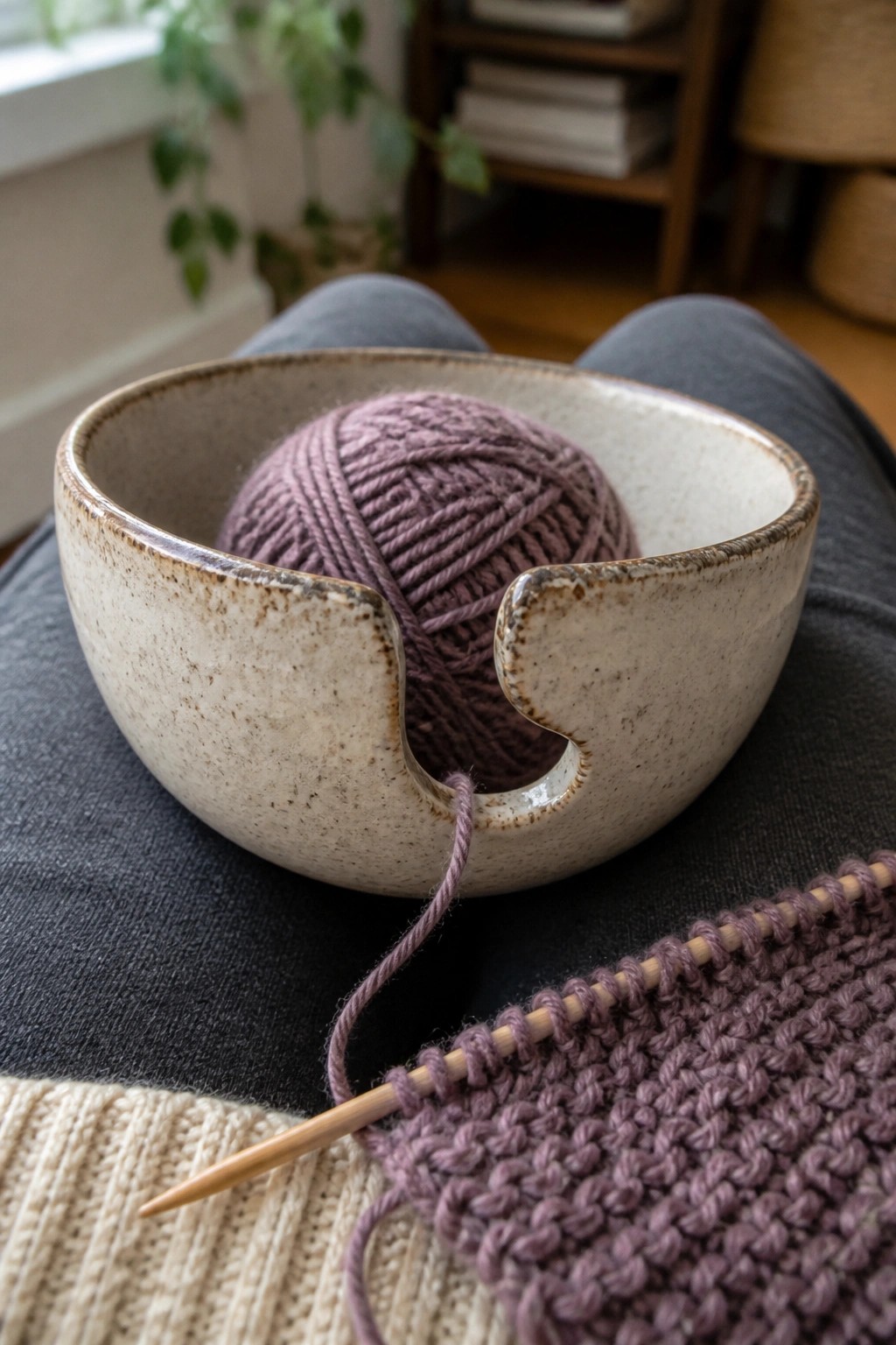 Purple yarn in speckled ceramic bowl on gray pants with knitting needles
