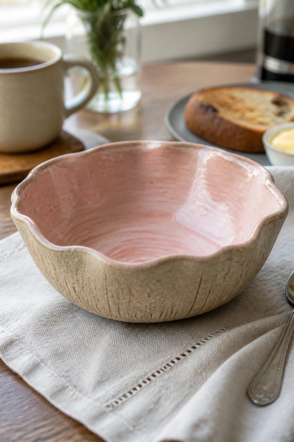 Pink scalloped ceramic bowl on beige linen napkin atop wooden table