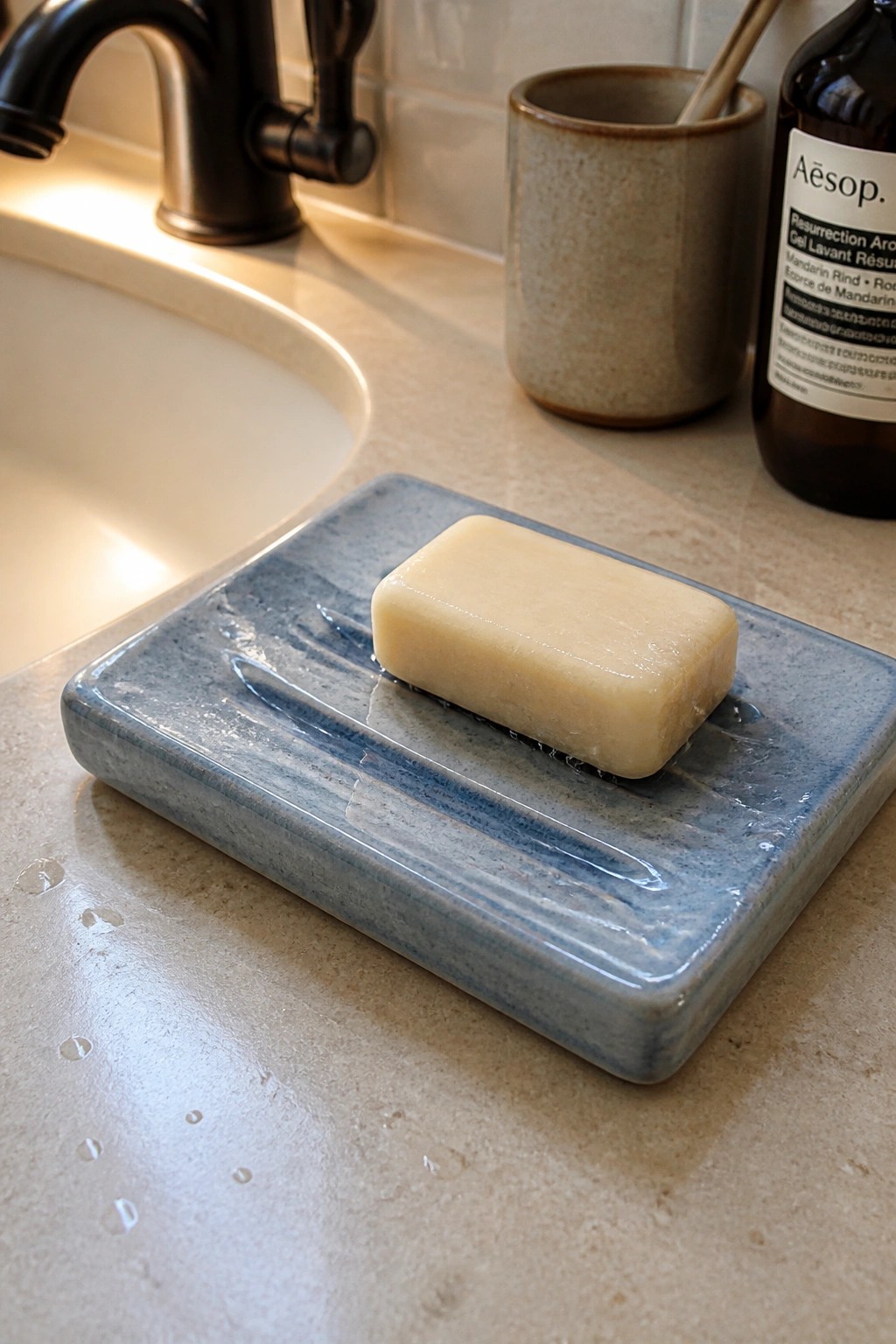 Wet pale yellow soap bar on blue ceramic dish beside bathroom sink