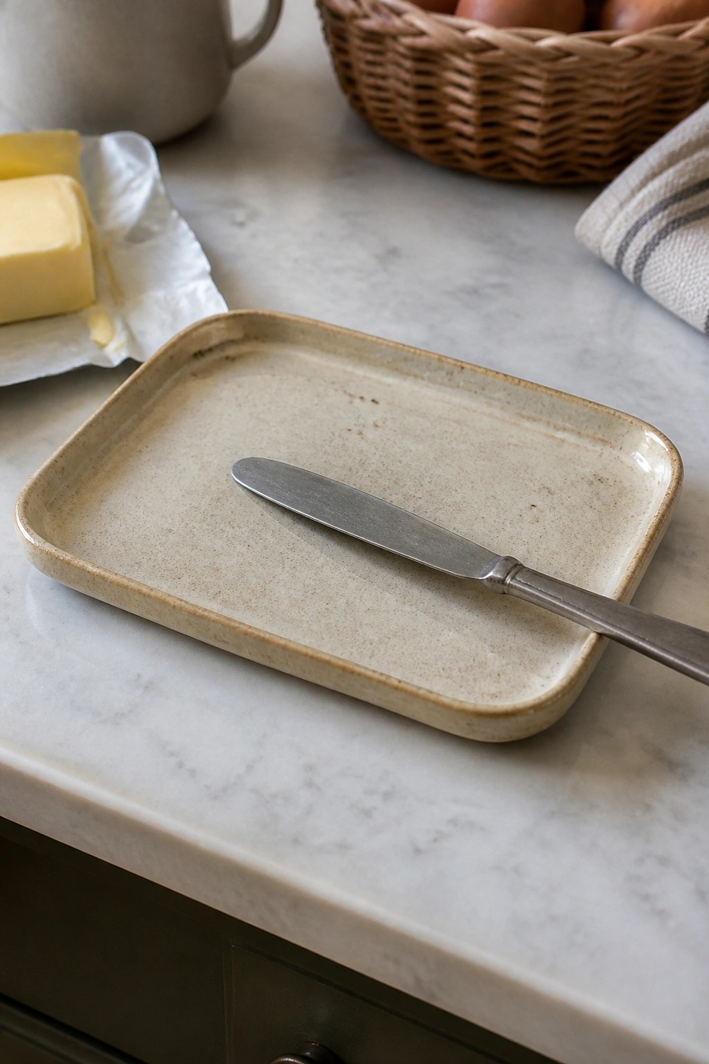 Speckled beige ceramic tray with metal butter knife on marble countertop.