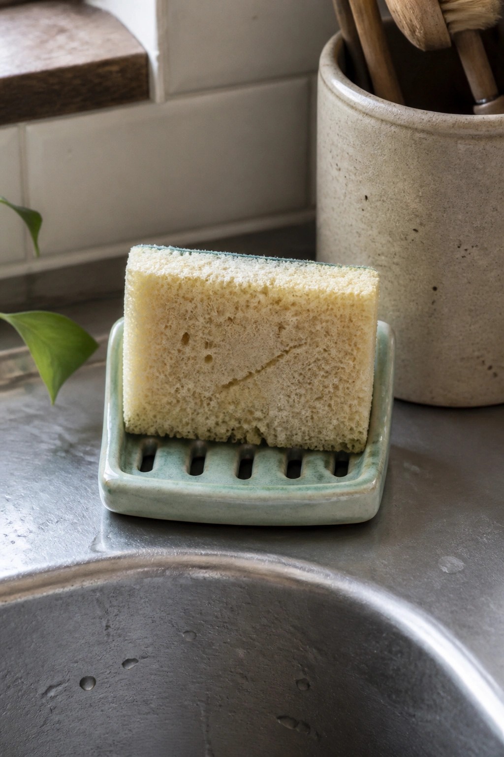 Yellow sponge on green ceramic holder above stainless steel kitchen sink