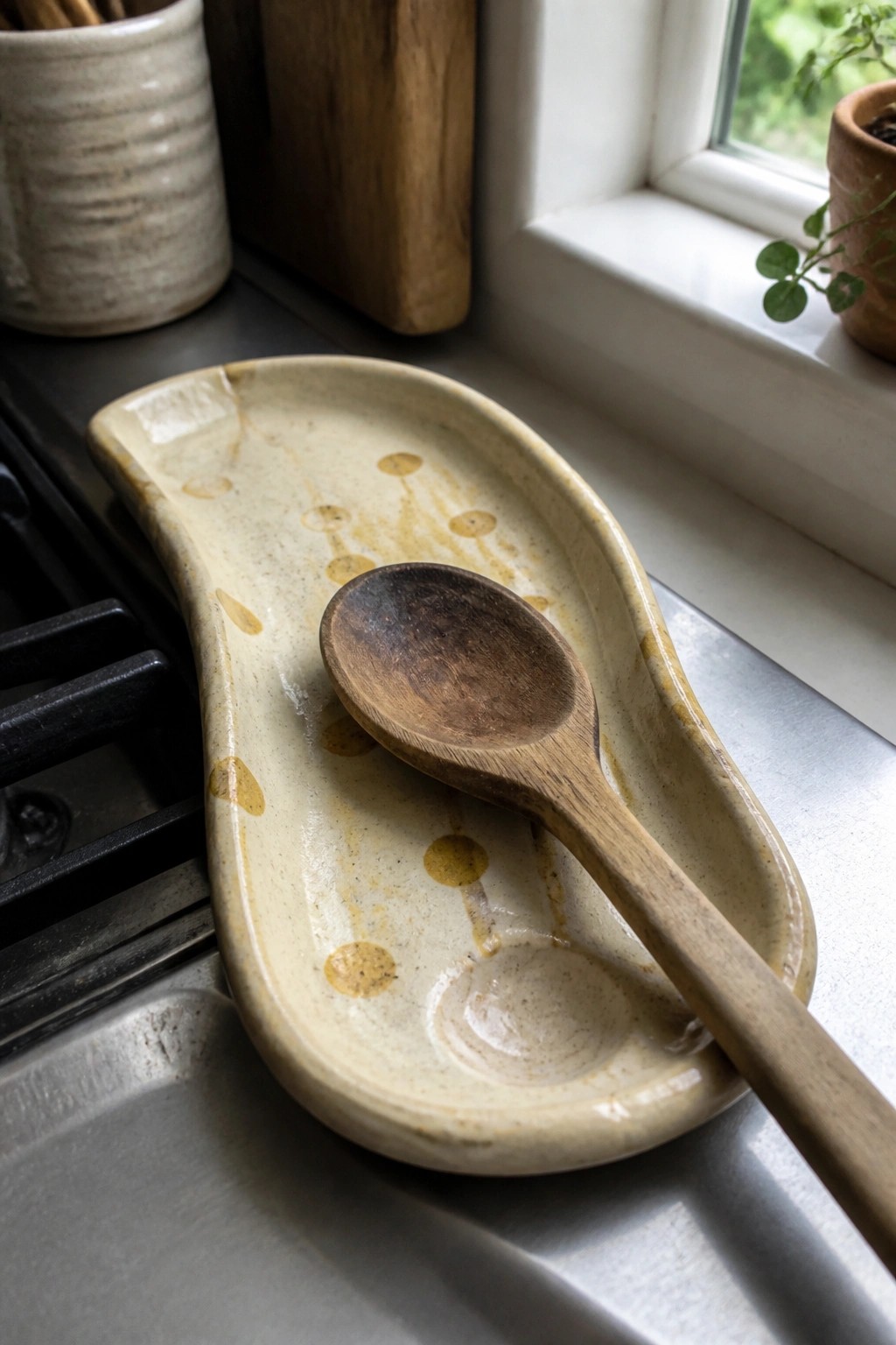 Wooden spoon resting in a speckled ceramic dish on a kitchen counter