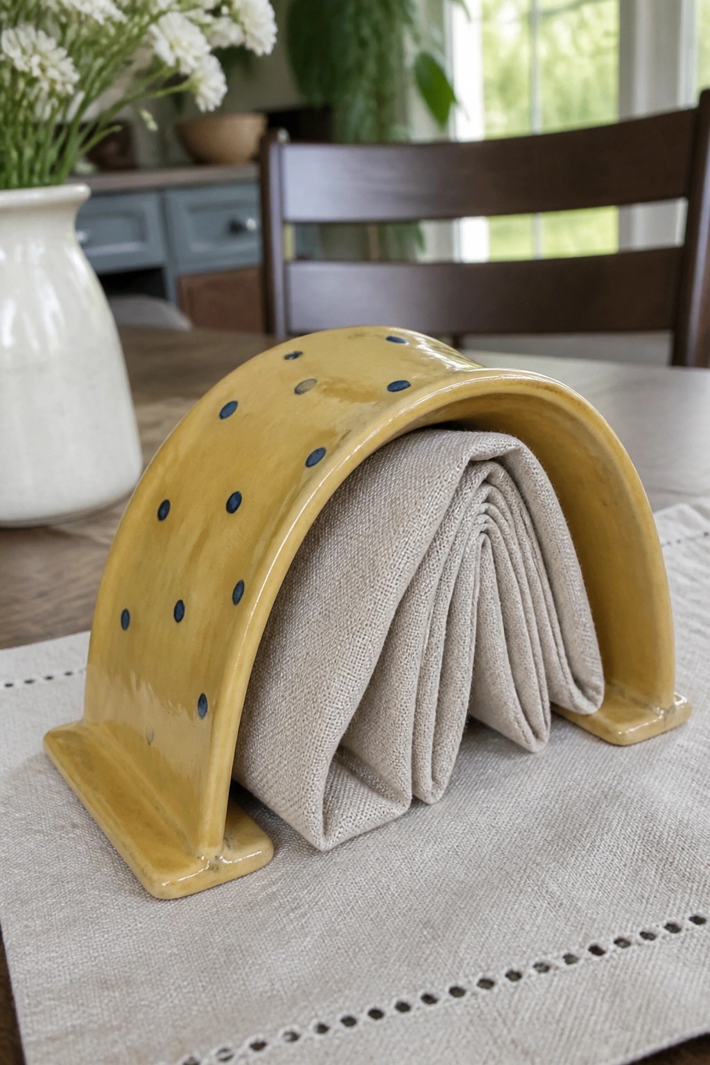 Yellow arched ceramic napkin holder with blue dots holding folded beige linens