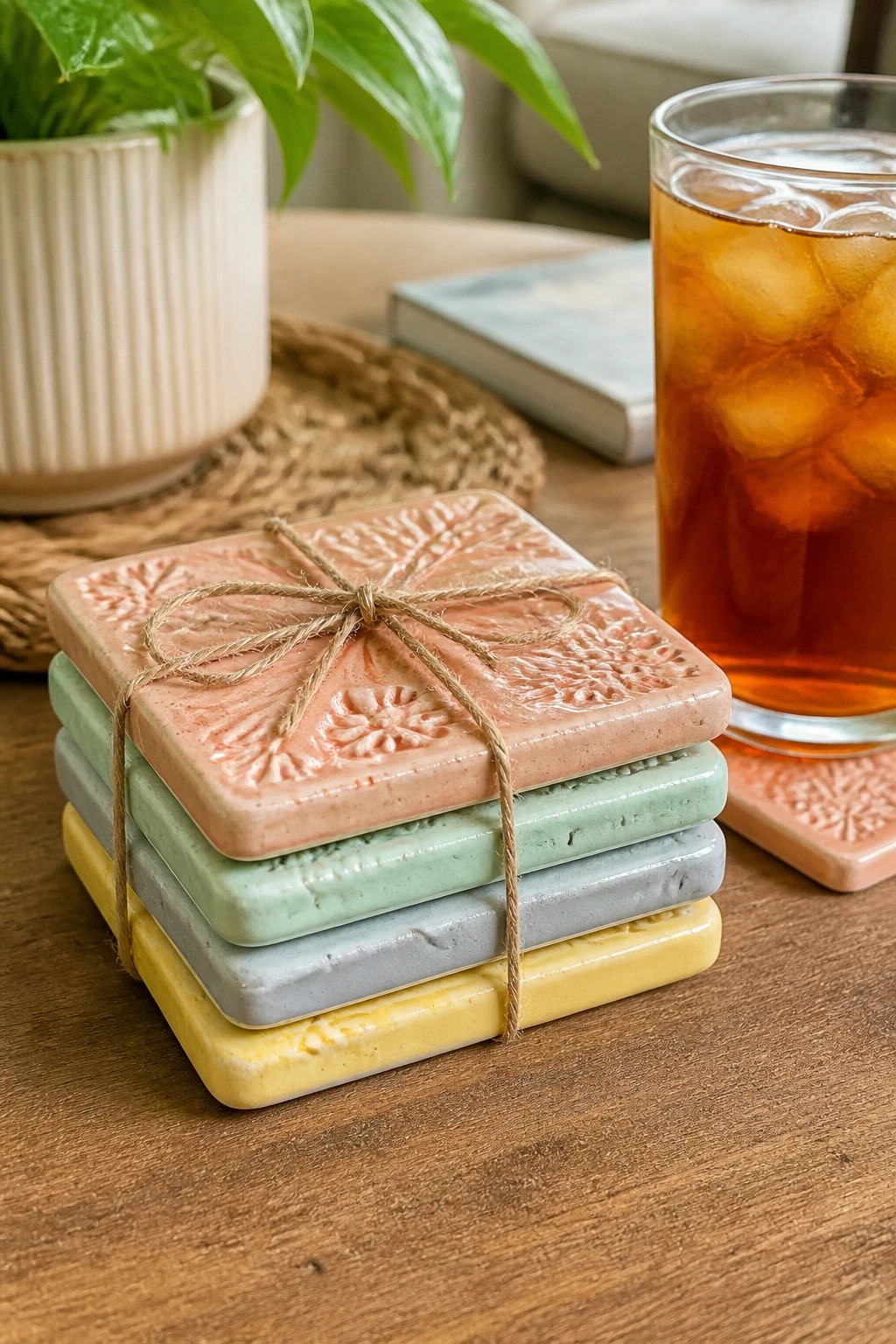 Stack of pastel ceramic coasters tied with twine beside glass of iced tea
