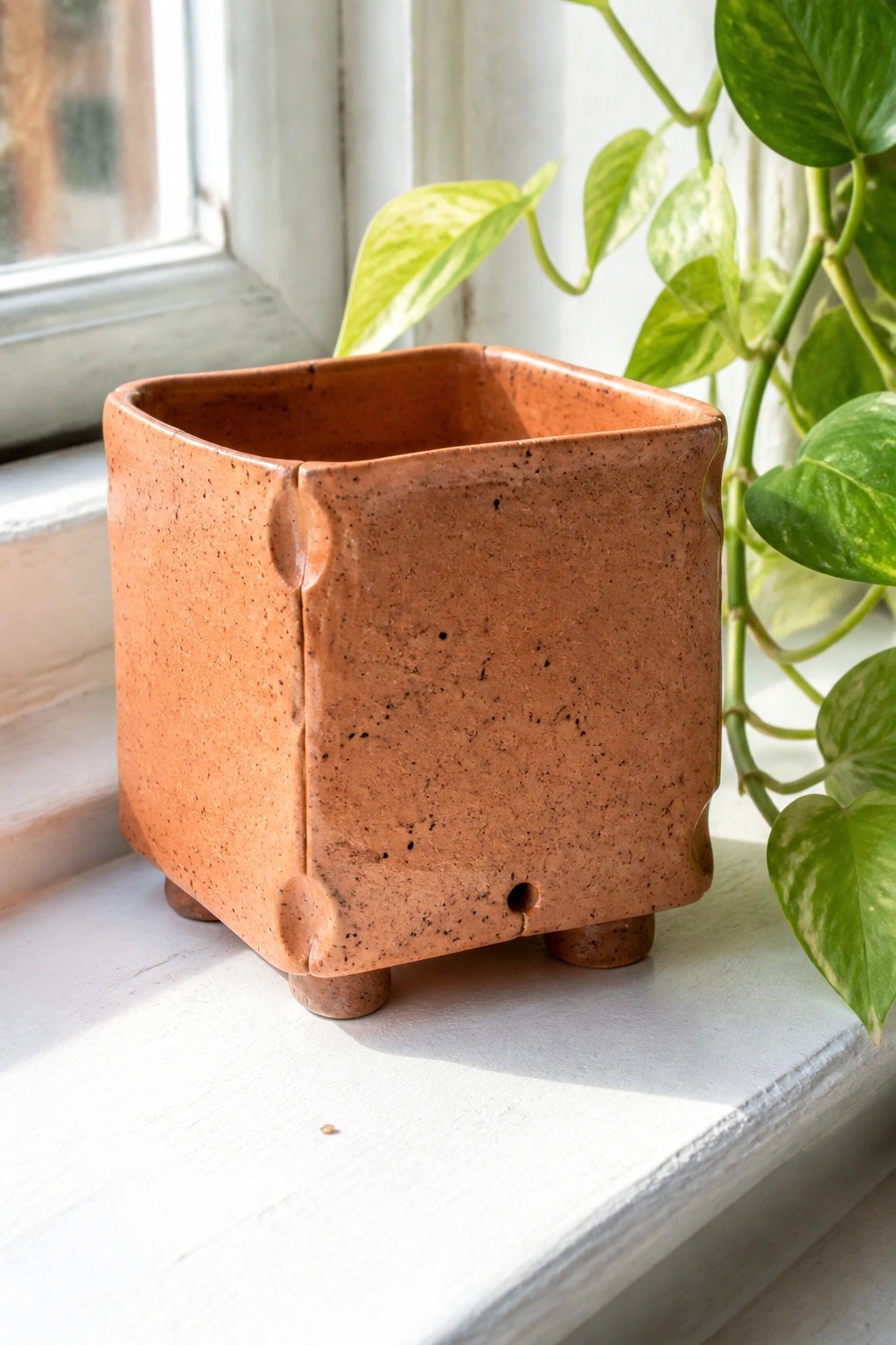 Square terracotta pot with small feet on white windowsill beside green plant.