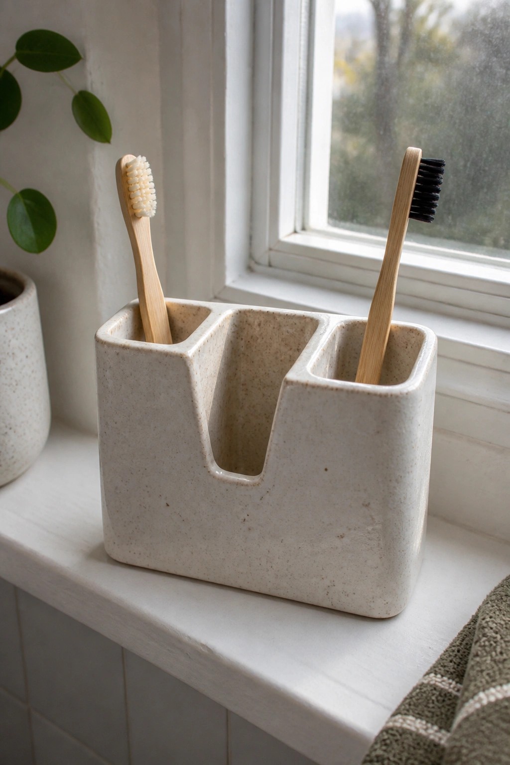 Speckled ceramic holder with two bamboo toothbrushes on a white windowsill