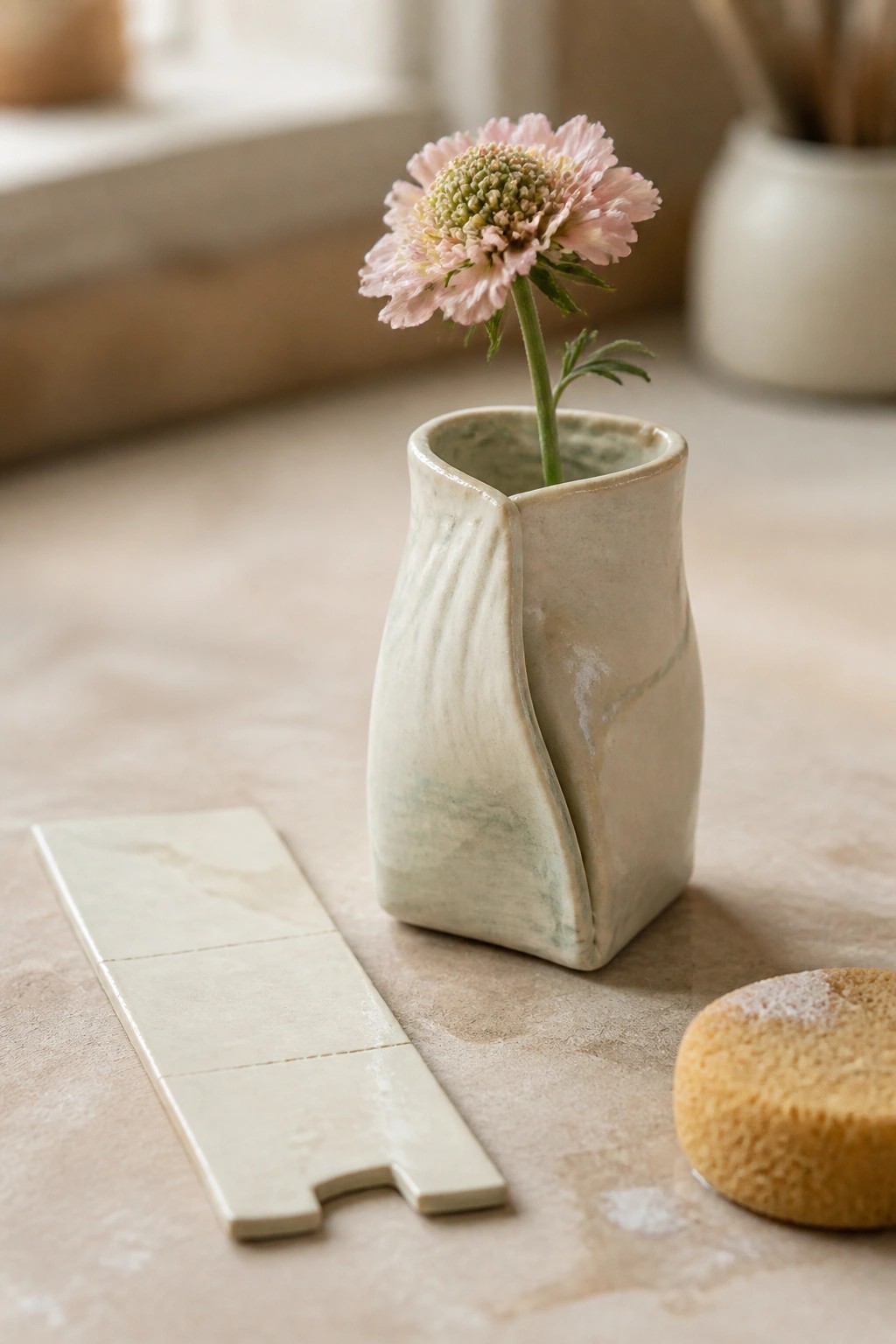 Pink flower in a cream ceramic vase beside tile and sponge on marble
