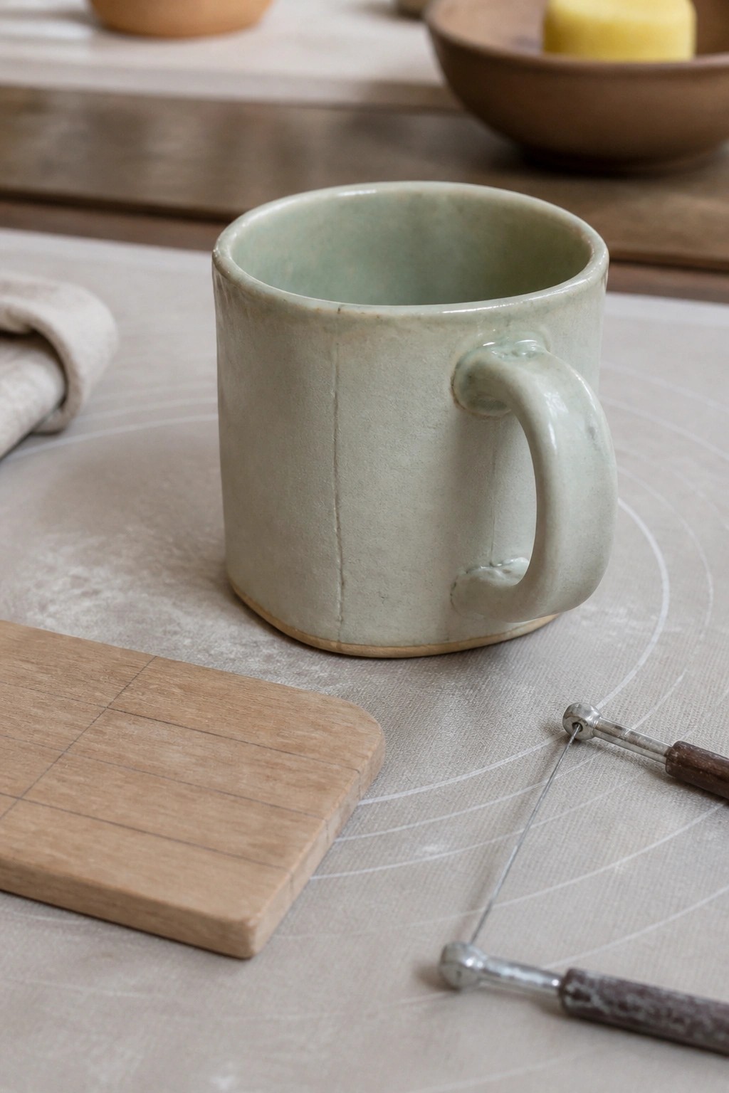 Light green ceramic mug with pottery tools on cloth-covered workspace.