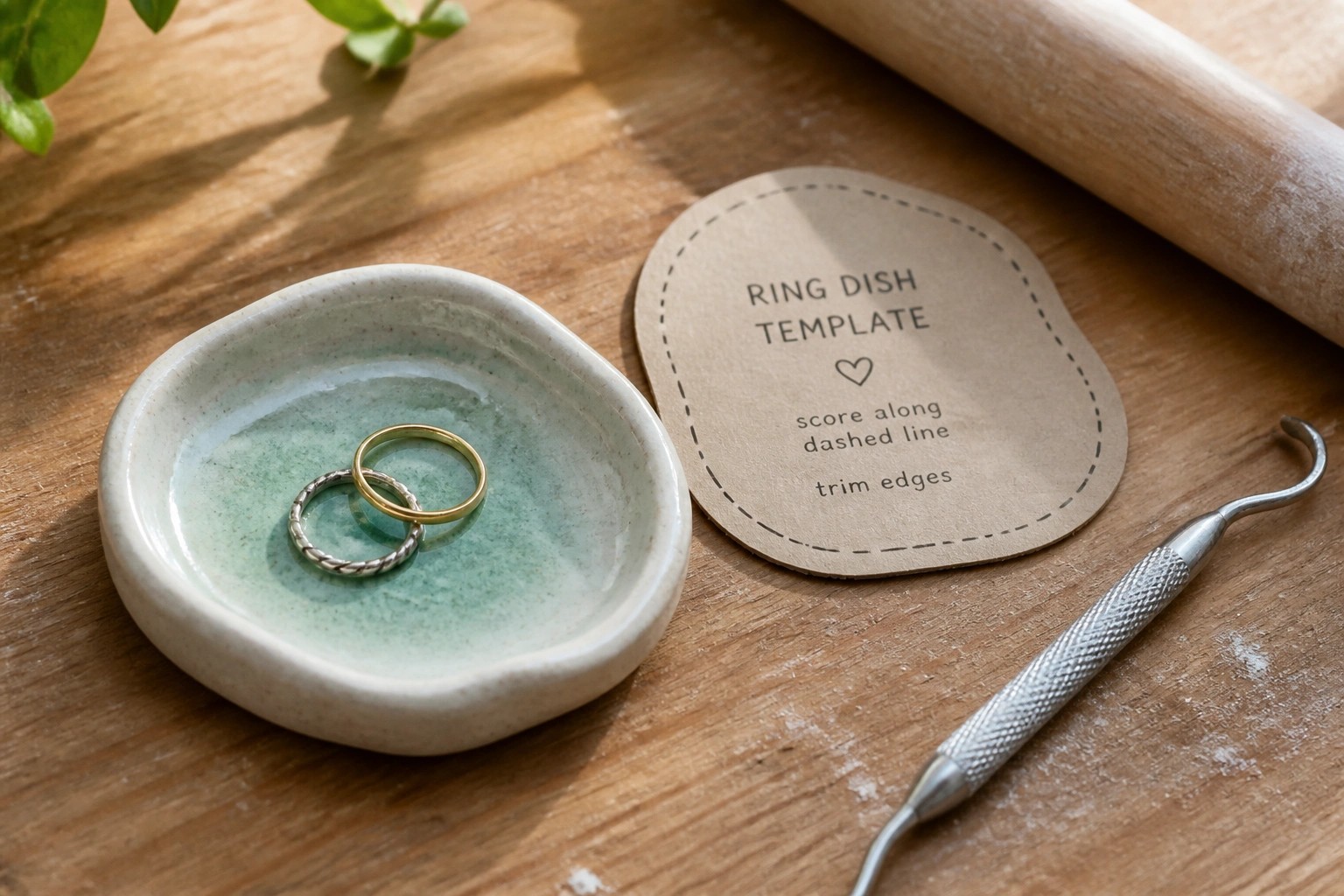 Green ceramic ring dish with jewelry, paper template, metal tool, and rolling pin on wood