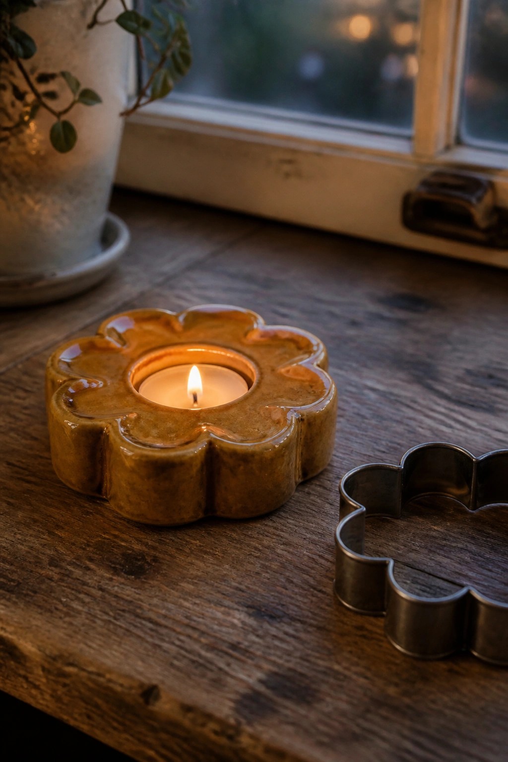 Lit candle in brown glazed flower ceramic holder beside metal cutter on wood