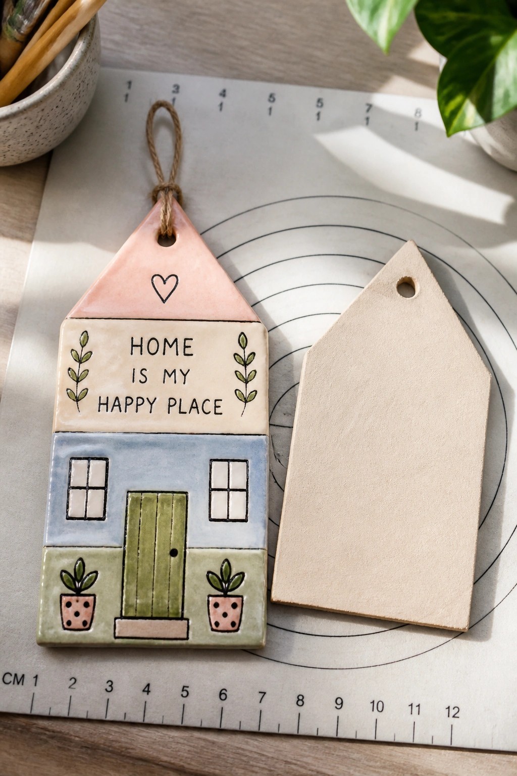 Colorful painted house plaque with text beside blank ceramic tag on measuring mat