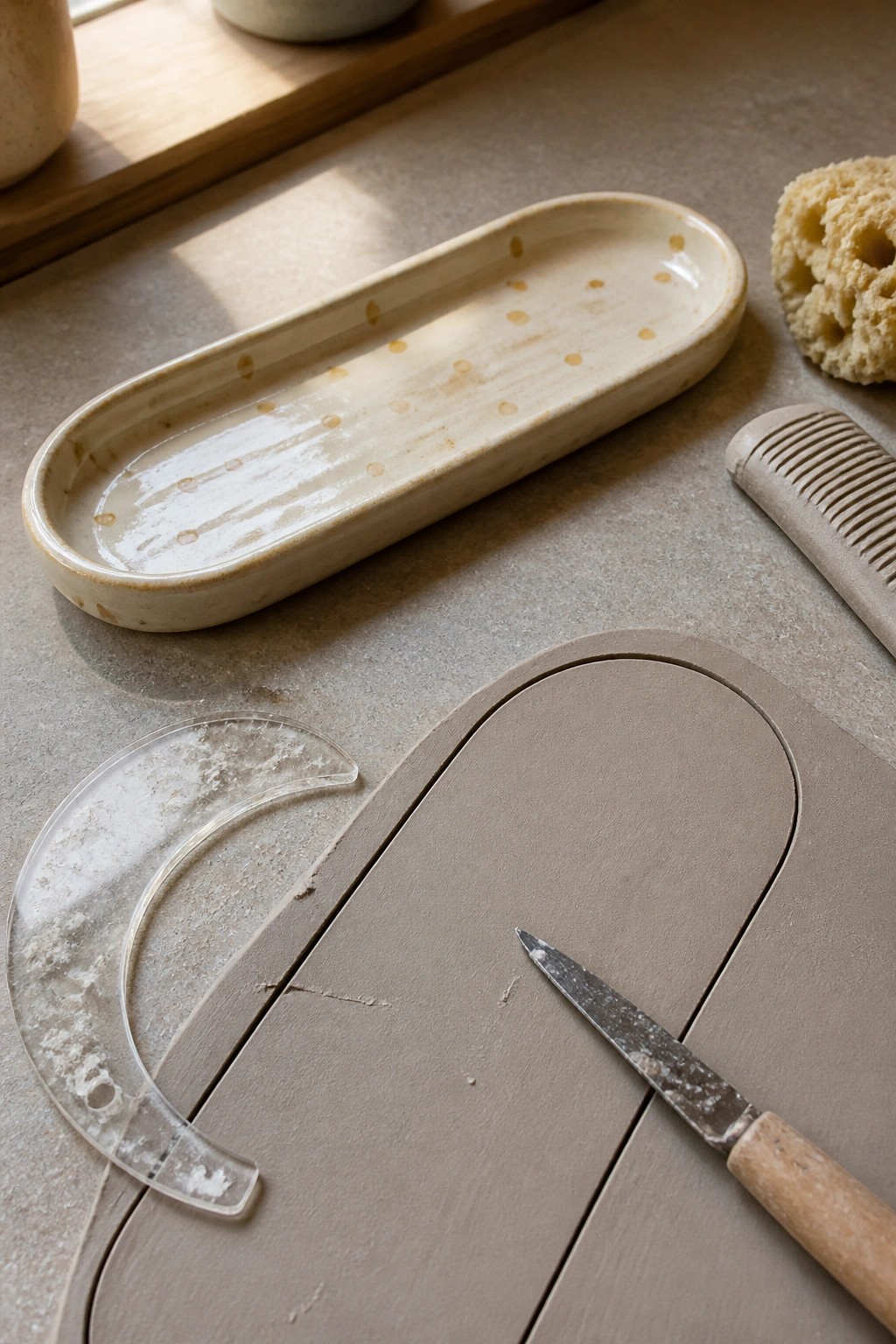 Cream ceramic tray with brown dots beside clay slab, knife, and tools