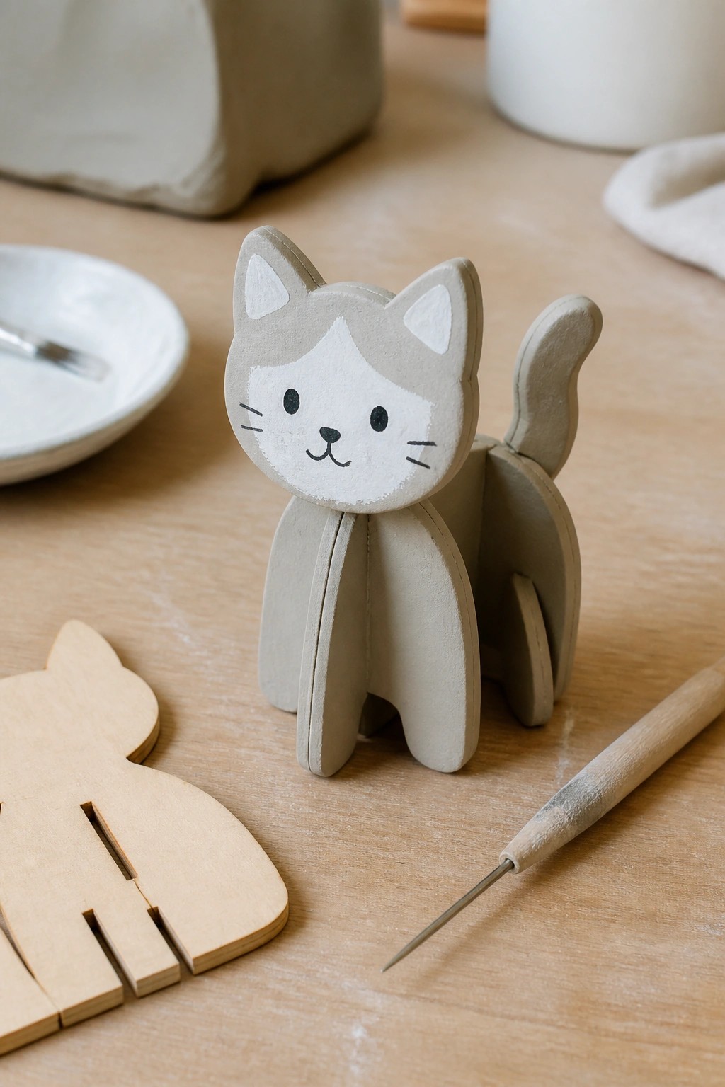 A small painted clay cat figurine made from joined slab pieces sits on a wooden table beside an unpainted slab cat cutout and a pointed sculpting tool.