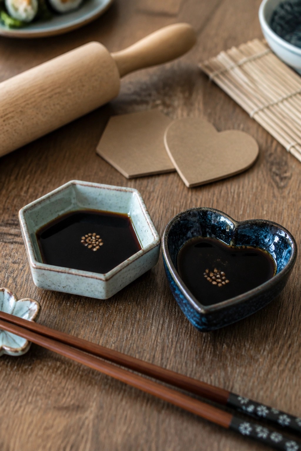 Heart-shaped blue and hexagonal soy sauce bowls with chopsticks on wooden table