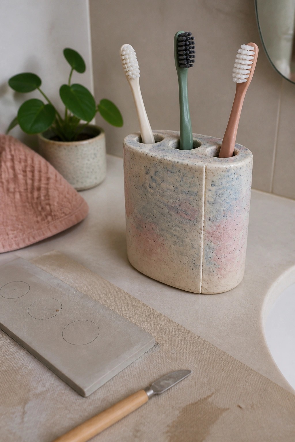 Speckled ceramic toothbrush holder with three brushes beside potted plant and pink towel