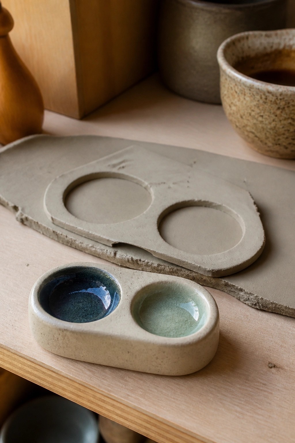 Glazed ceramic double bowl with blue and green sections beside unfinished clay mold on wood