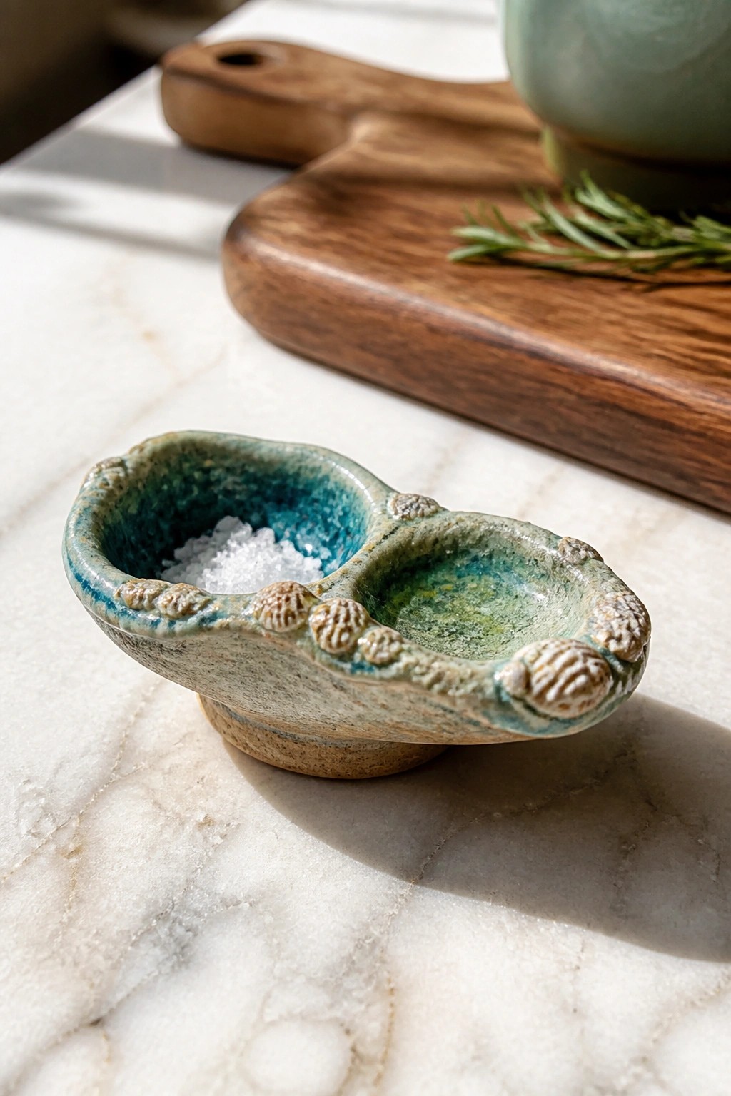 Small turquoise ceramic dish with salt on one side atop marble counter