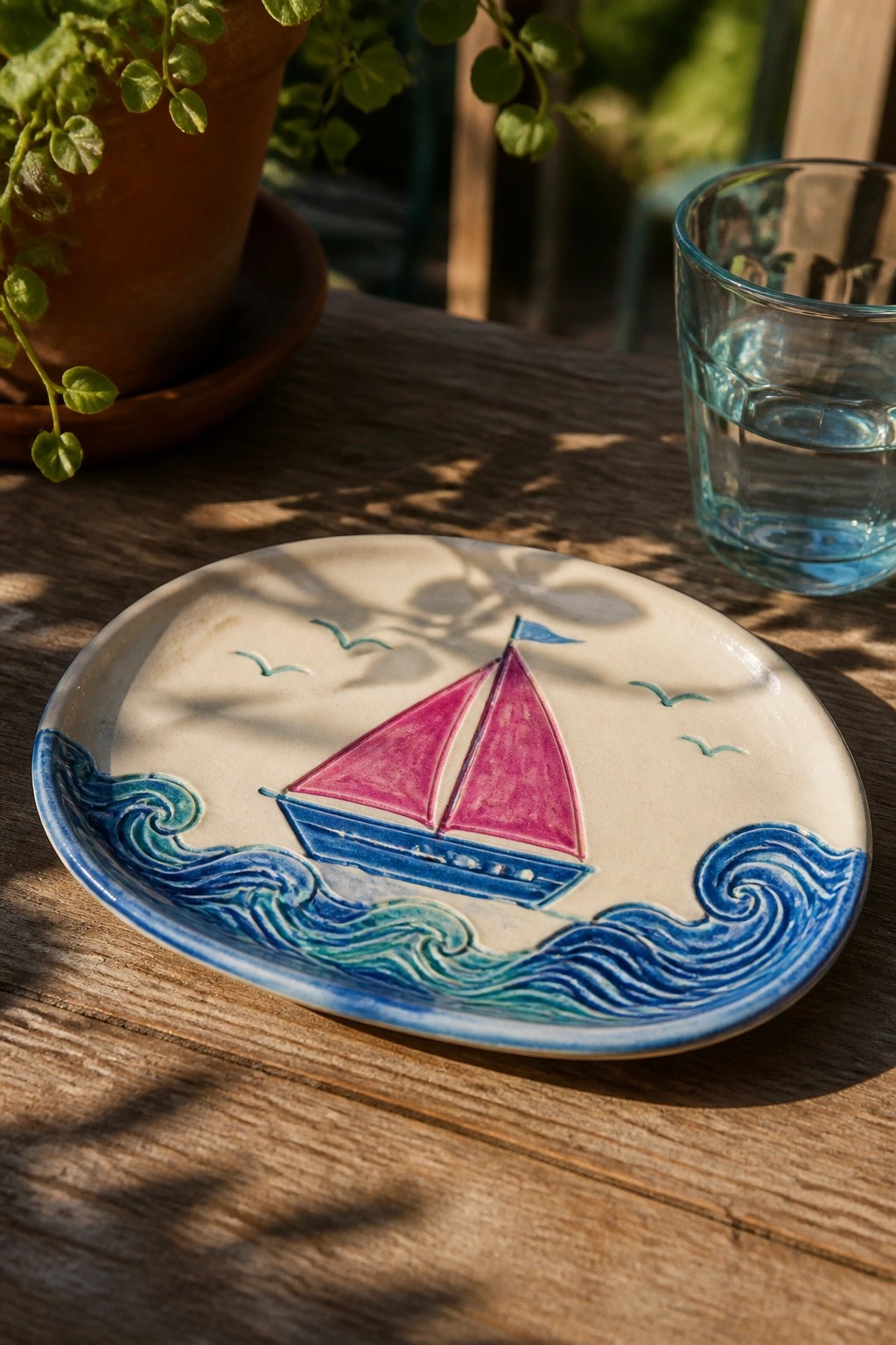 Ceramic plate with pink sailboat on blue waves beside glass on wooden table