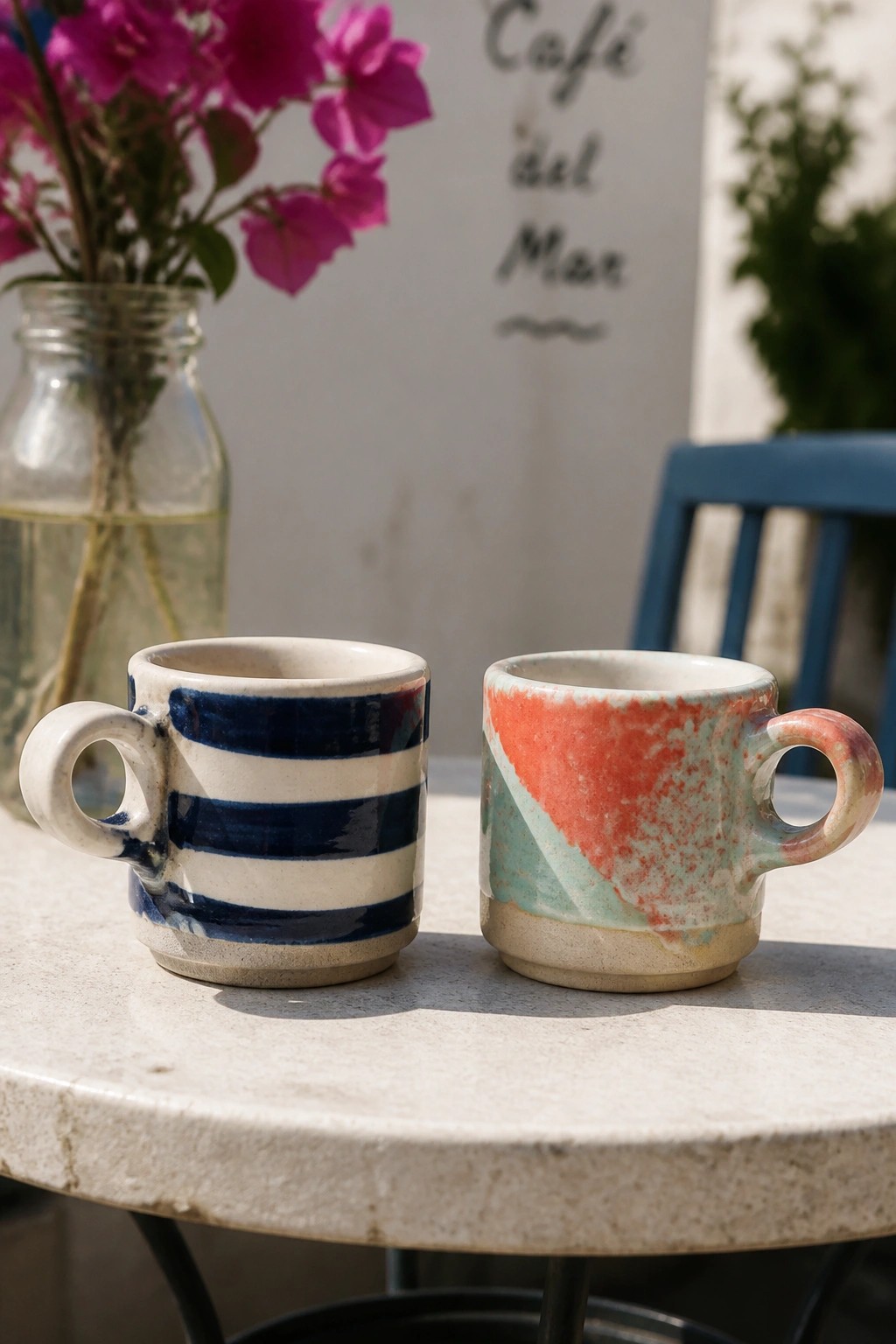 Two ceramic mugs on marble table, one blue-striped and one multicolored, with flowers nearby.