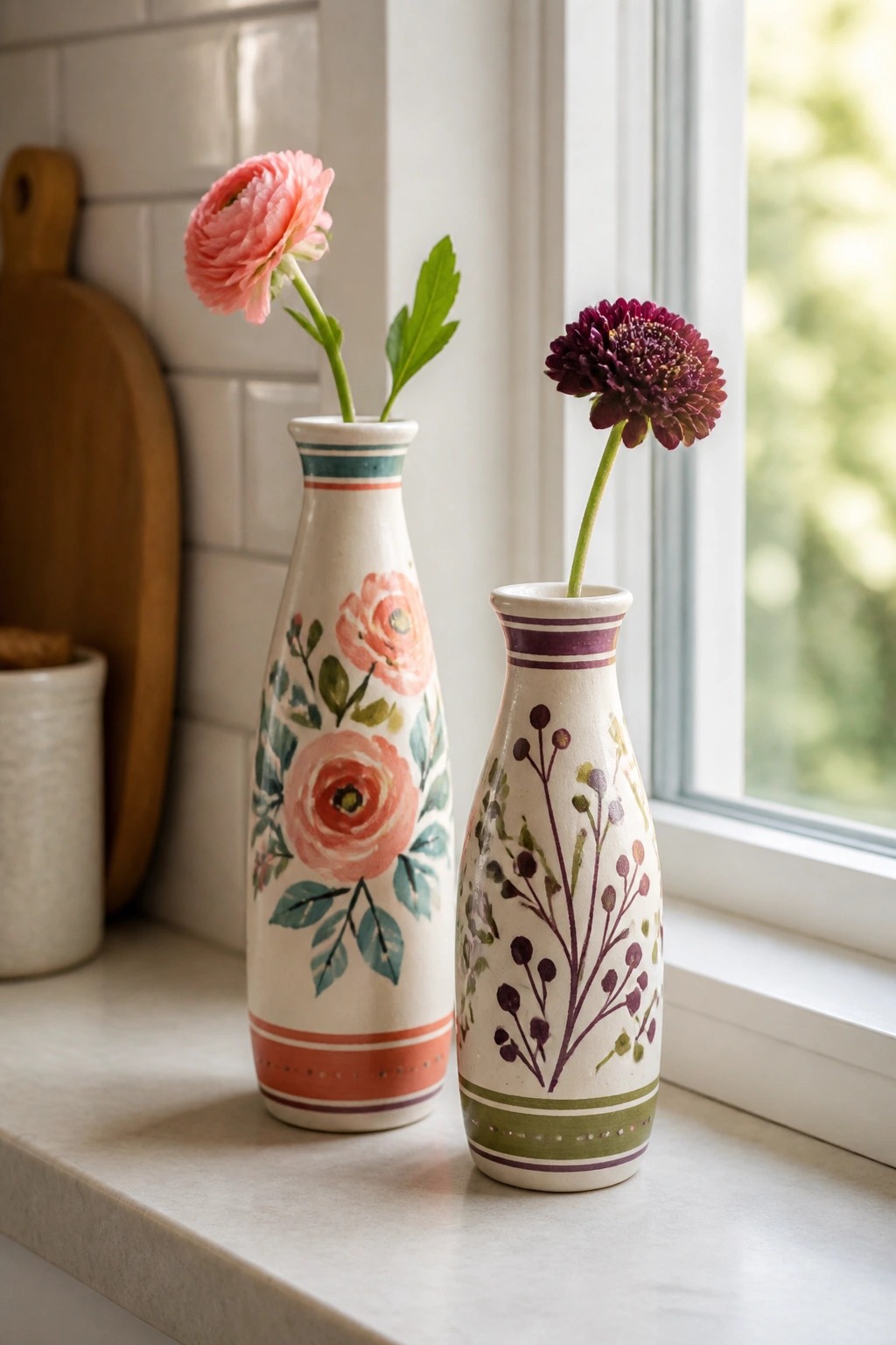 Two floral ceramic vases with pink and purple blooms on a sunny windowsill.