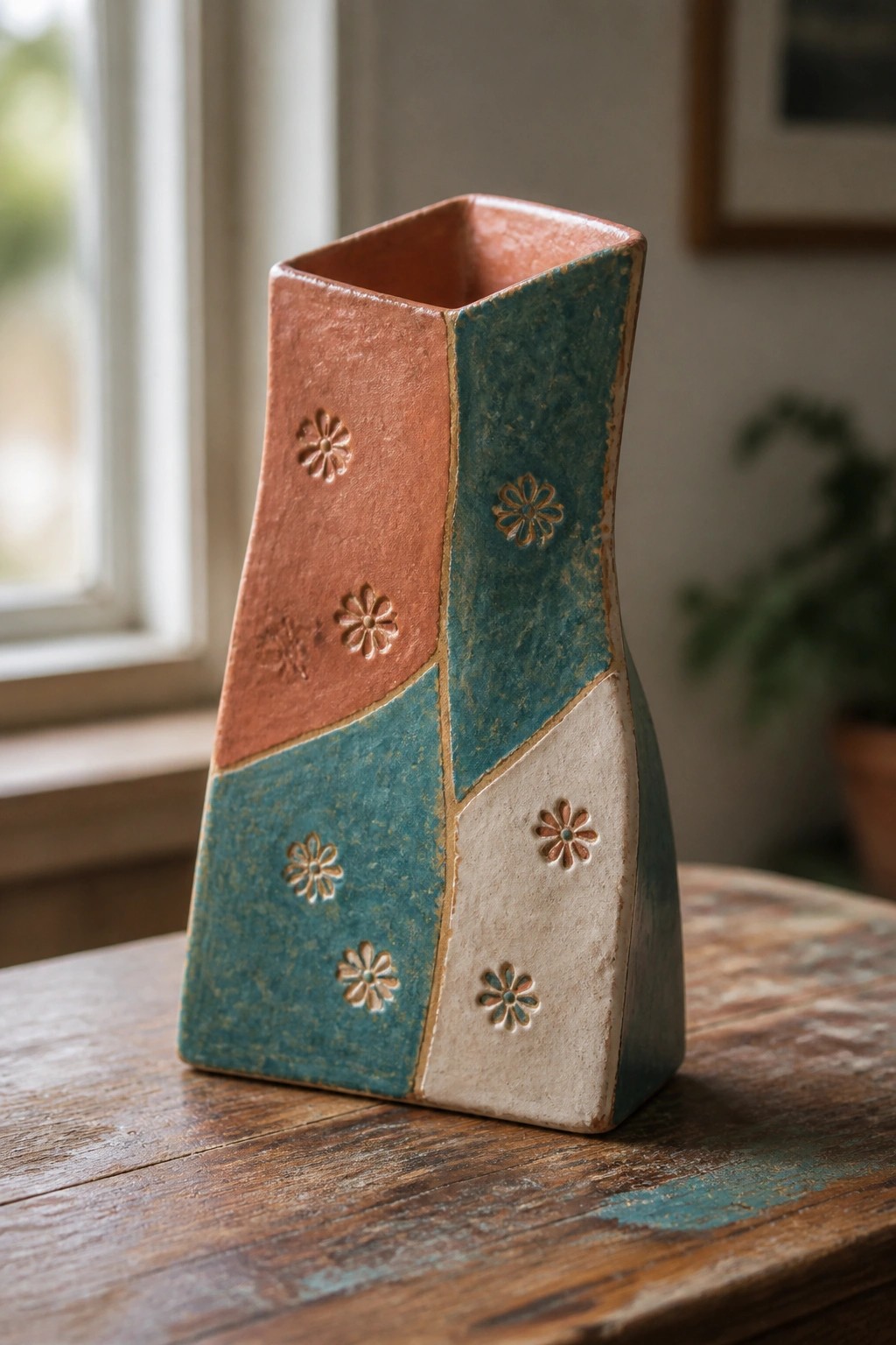 Angular ceramic vase in orange, teal, and white with embossed flowers on wood