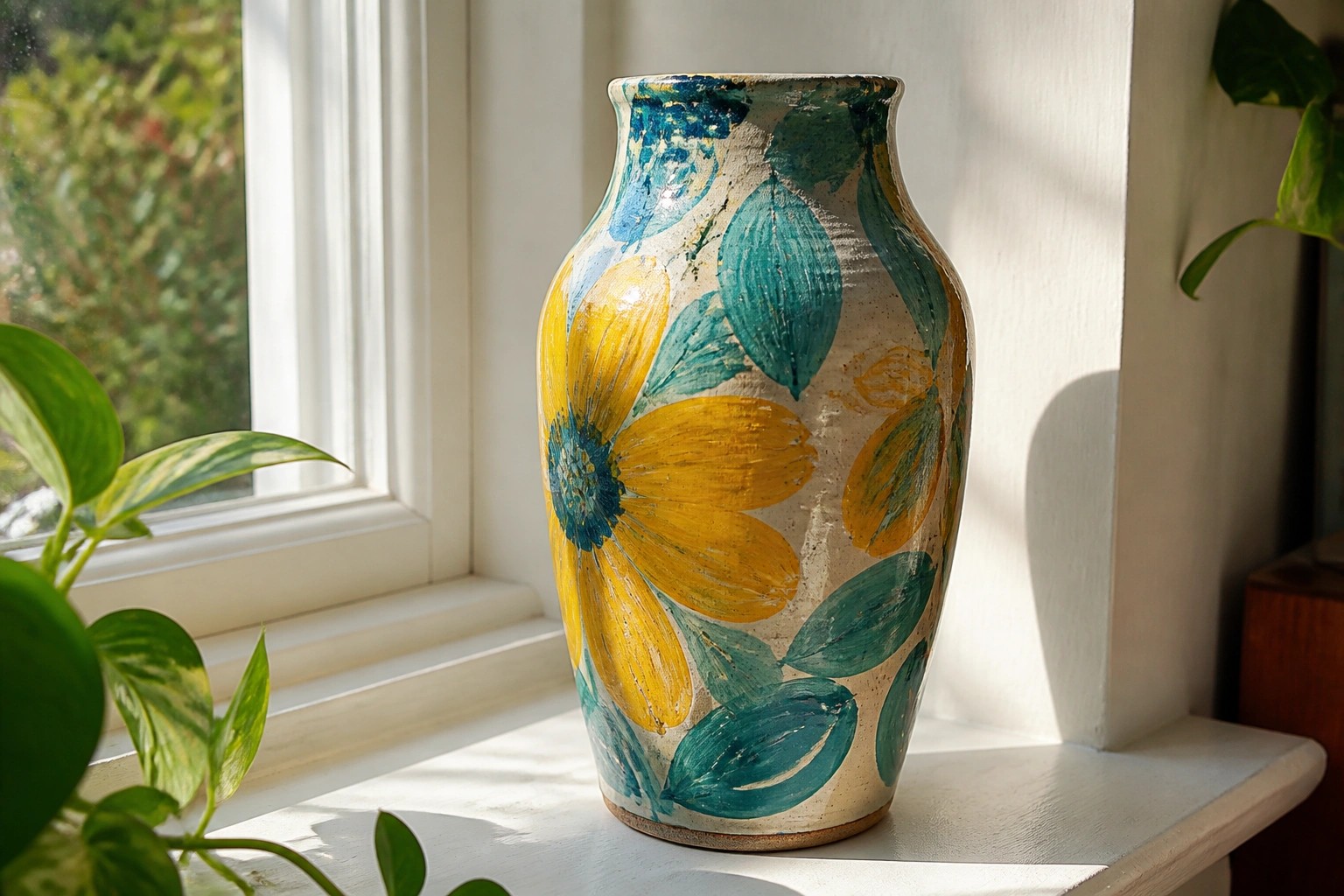 Tall ceramic vase with yellow flowers and teal leaves on sunny windowsill