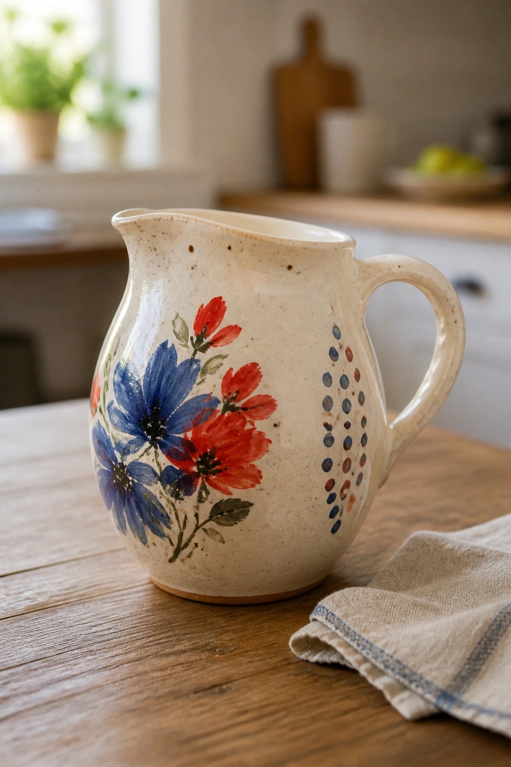 A cream-colored ceramic pitcher with blue and red painted flowers and a line of dots rests on a wooden table.