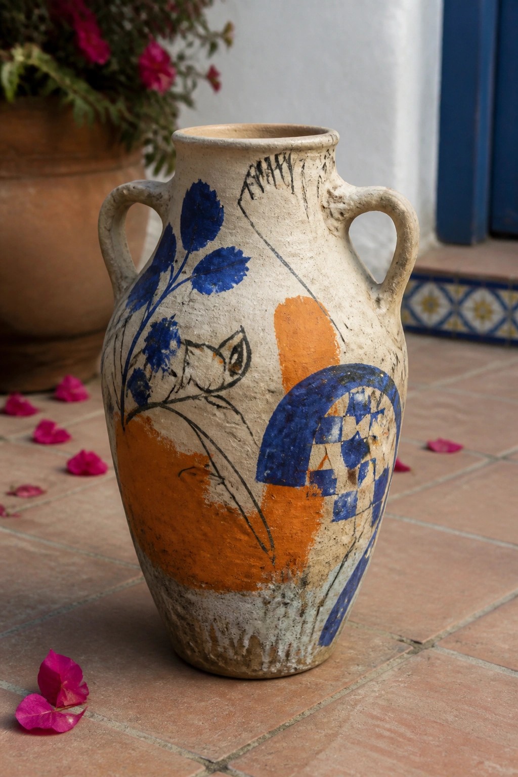 Rustic ceramic vase with blue leaves and orange patterns on tiled floor amid pink petals
