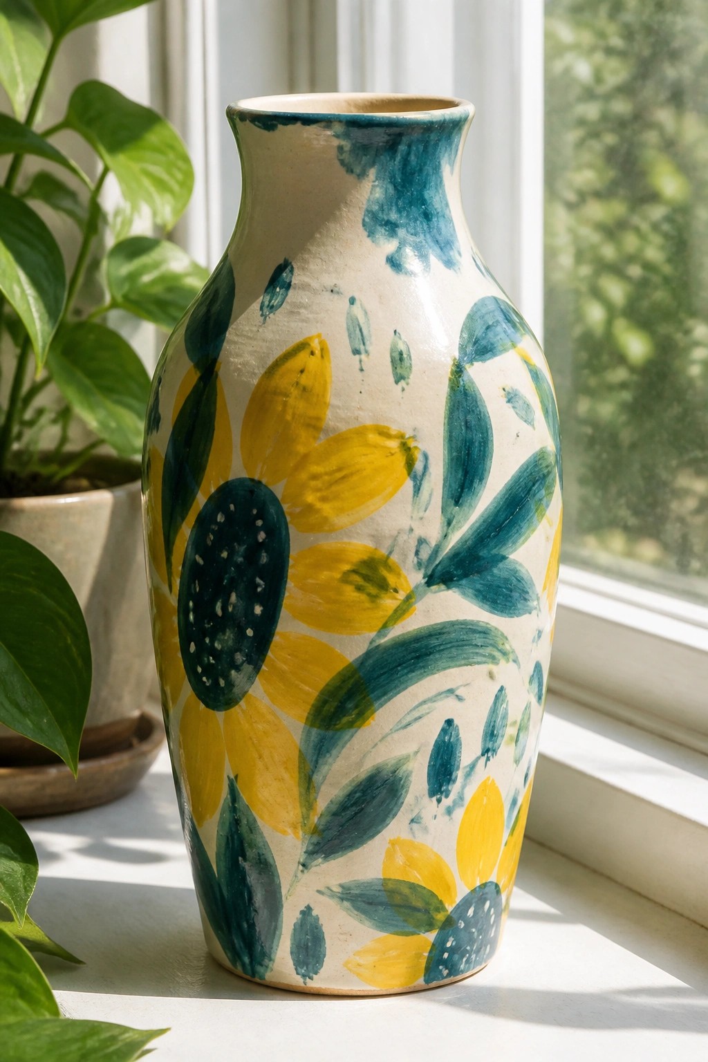 Tall ceramic vase with yellow flowers and teal leaves on sunny windowsill