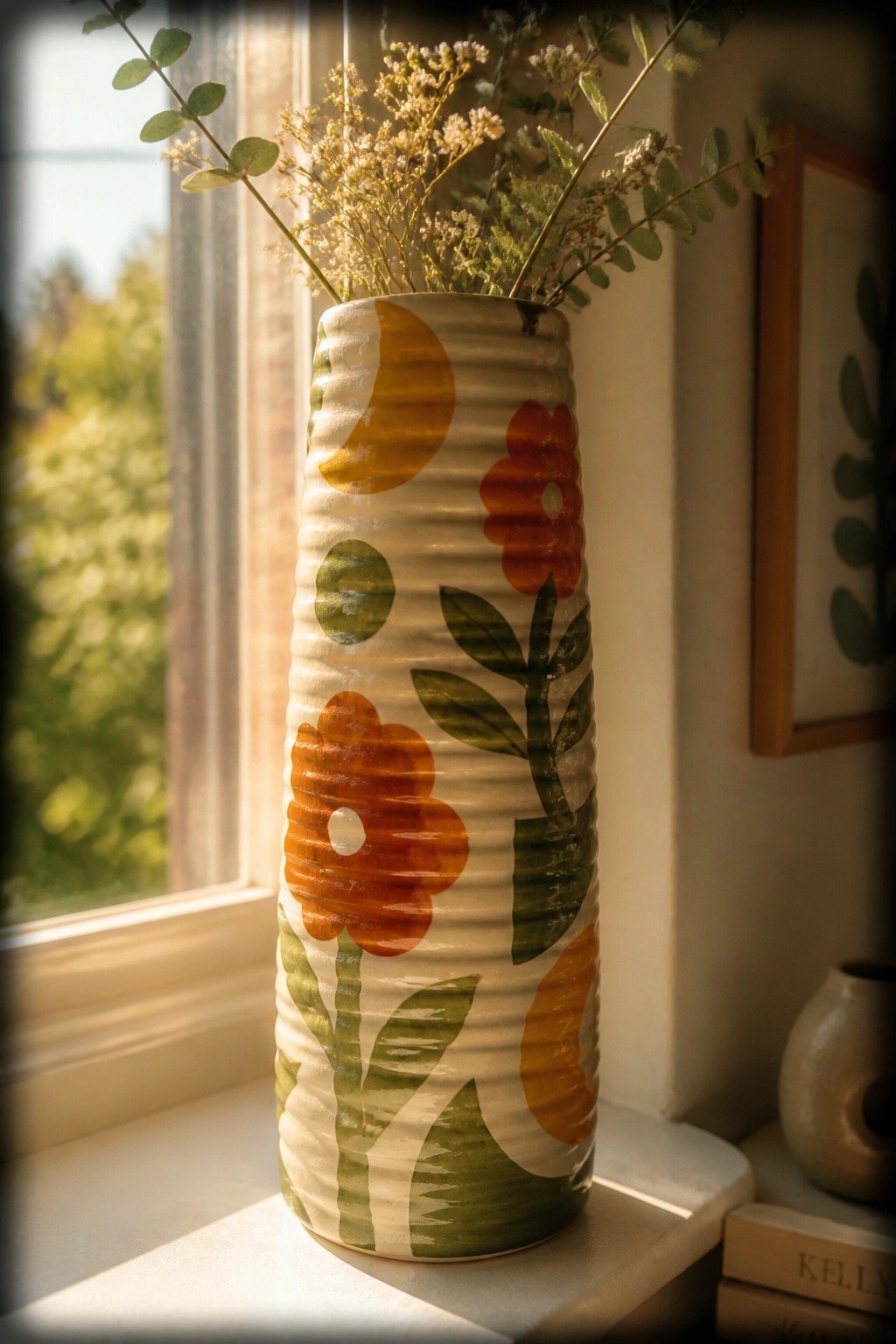 Patterned ceramic vase with orange flowers and green leaves on sunny windowsill.