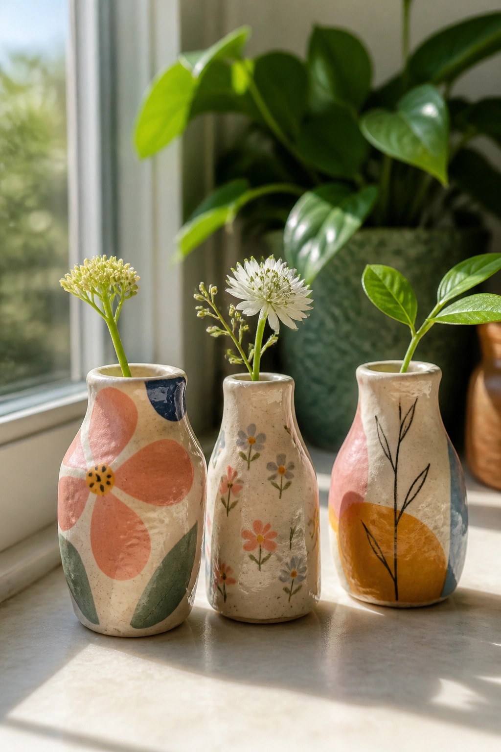Three colorful ceramic vases with flowers on a sunny windowsill near plants