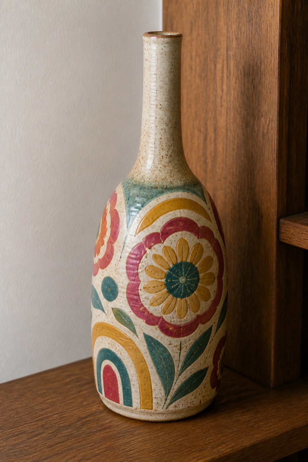 Colorful ceramic vase with floral and rainbow patterns on wooden shelf